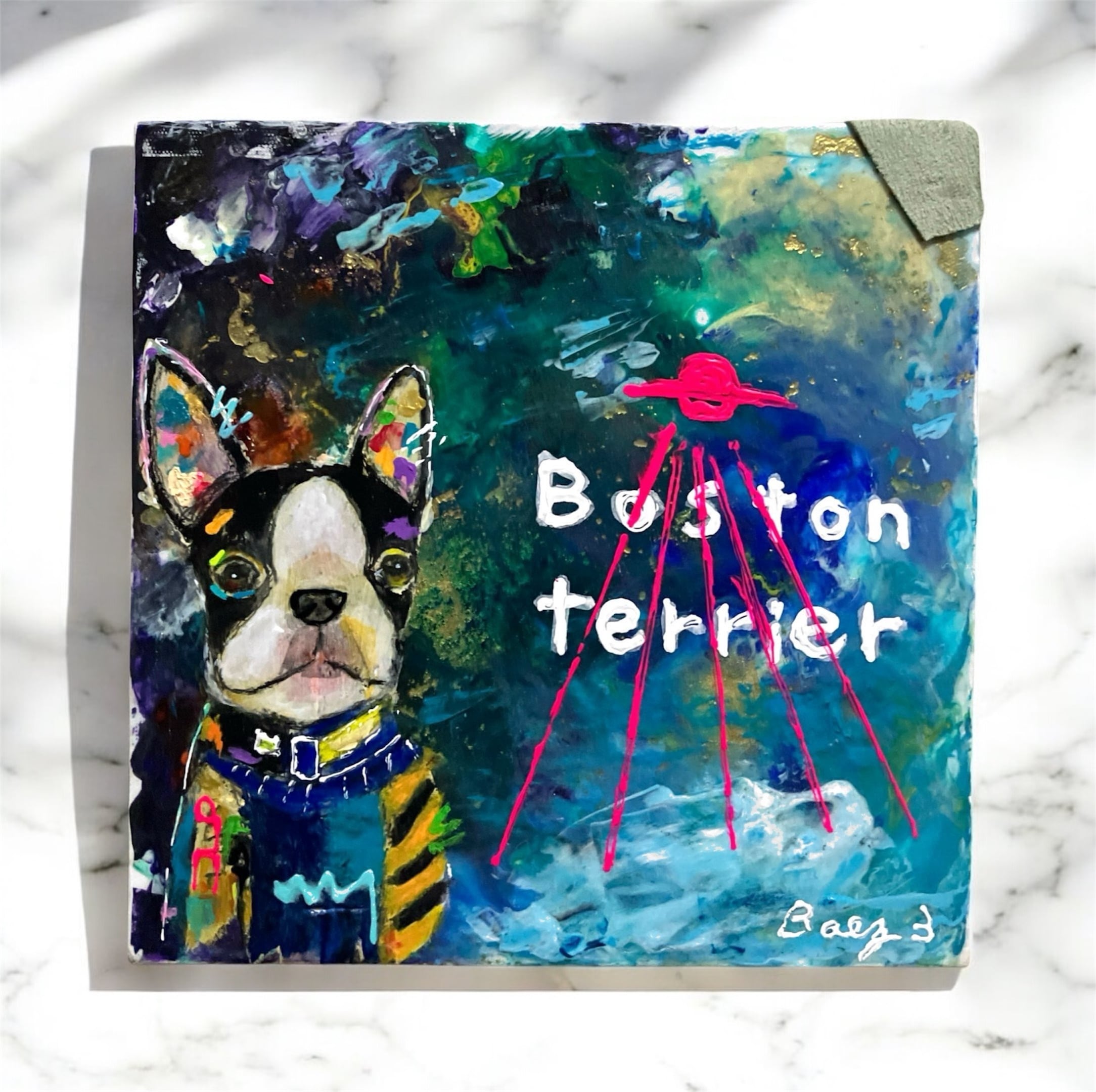 アクリル画 ボストンテリア 犬 宇宙 キャンバス ポーリングアート