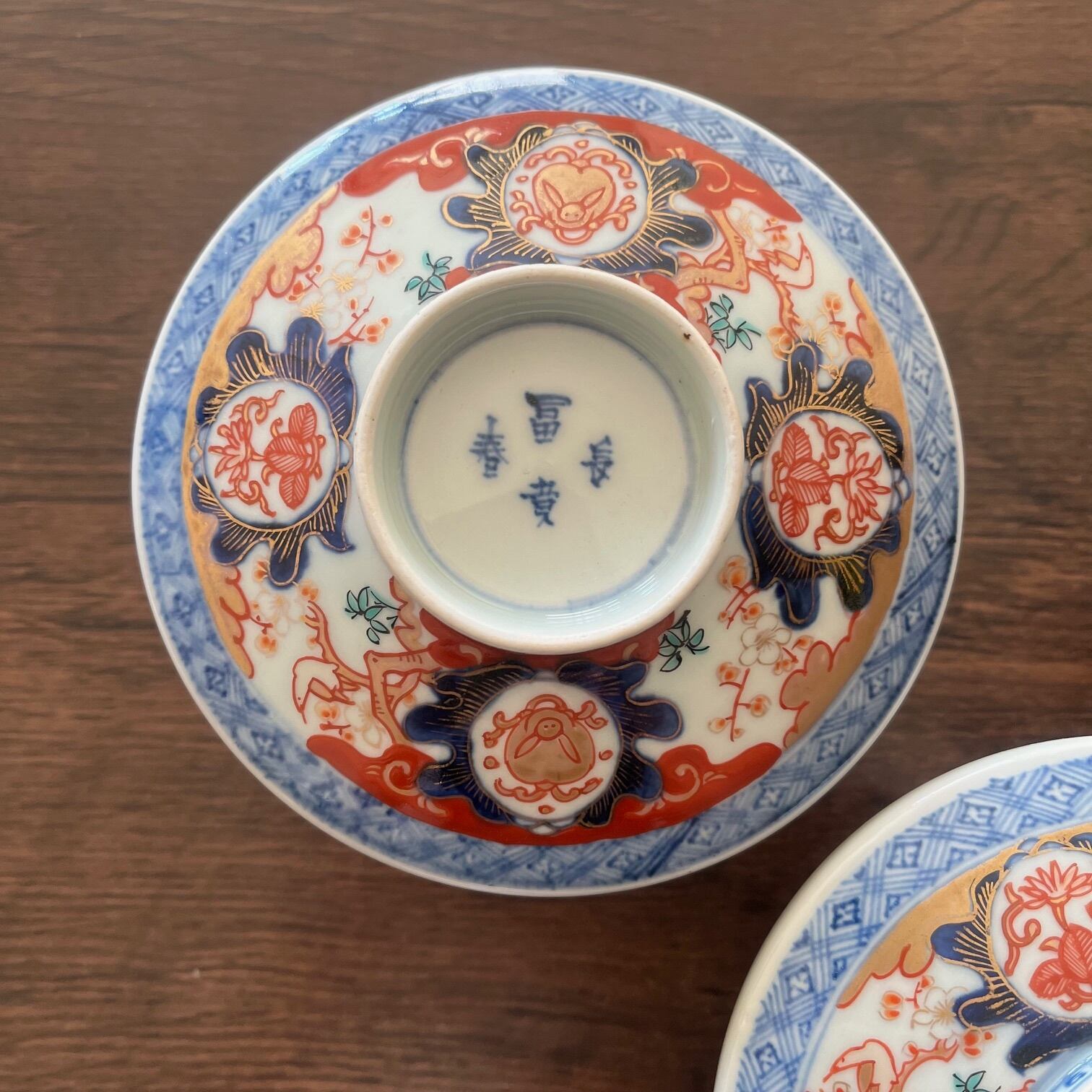 上物・真物保証】伊万里色絵兎文蓋物碗 5客揃／江戸幕末期／共箱付き