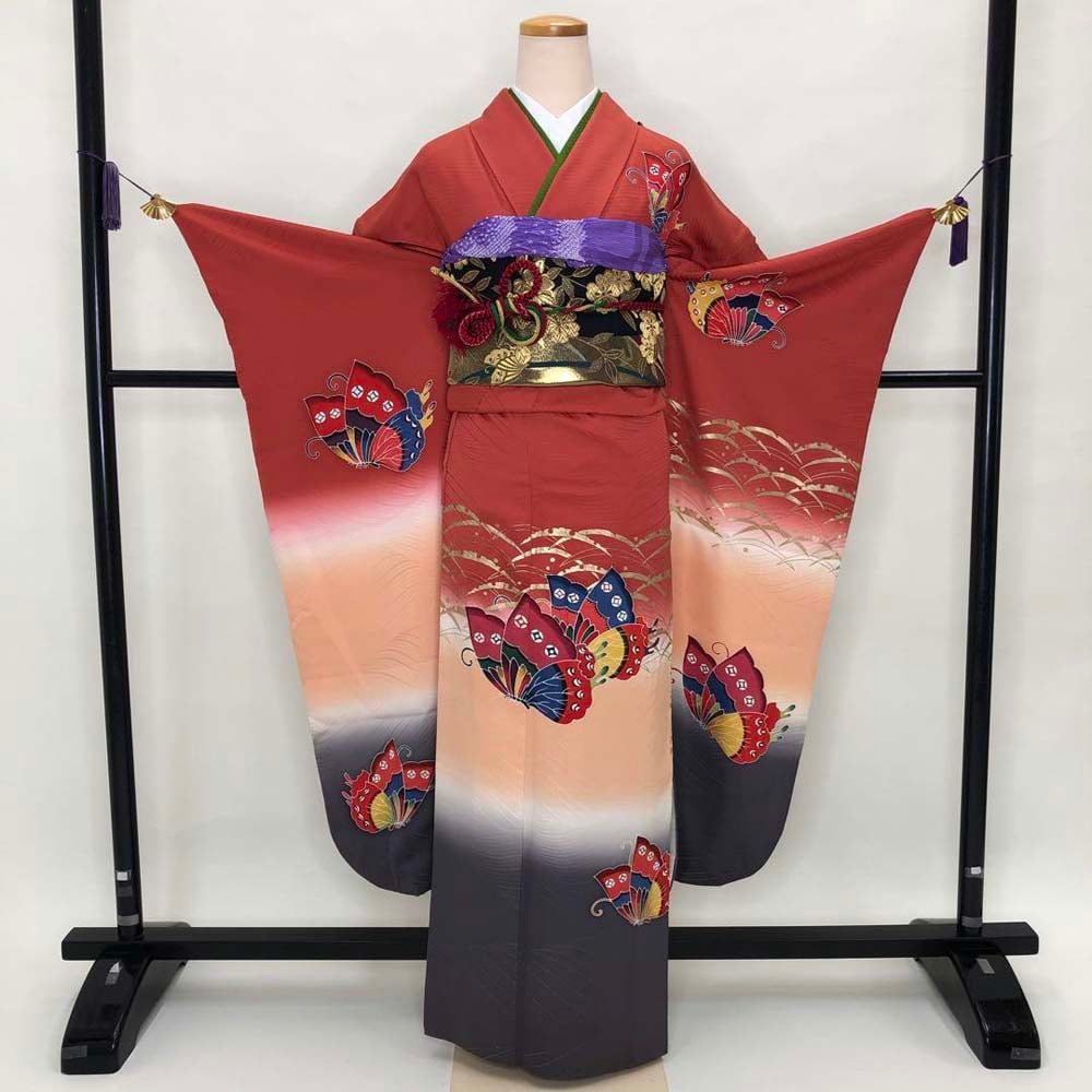 振袖 フルセット 長襦袢、草履、紙飾りセット 成人式 赤ぼかし トール