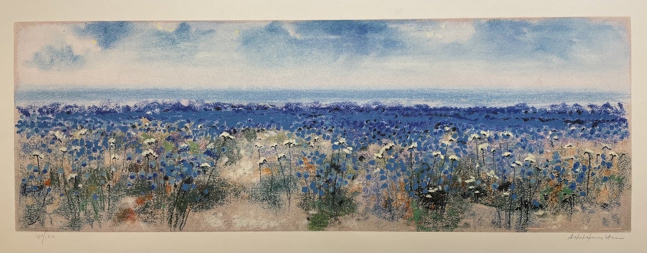 イタリアの芸術家ナターレ・アダミアーノによるリトグラフ「亜麻の花畑