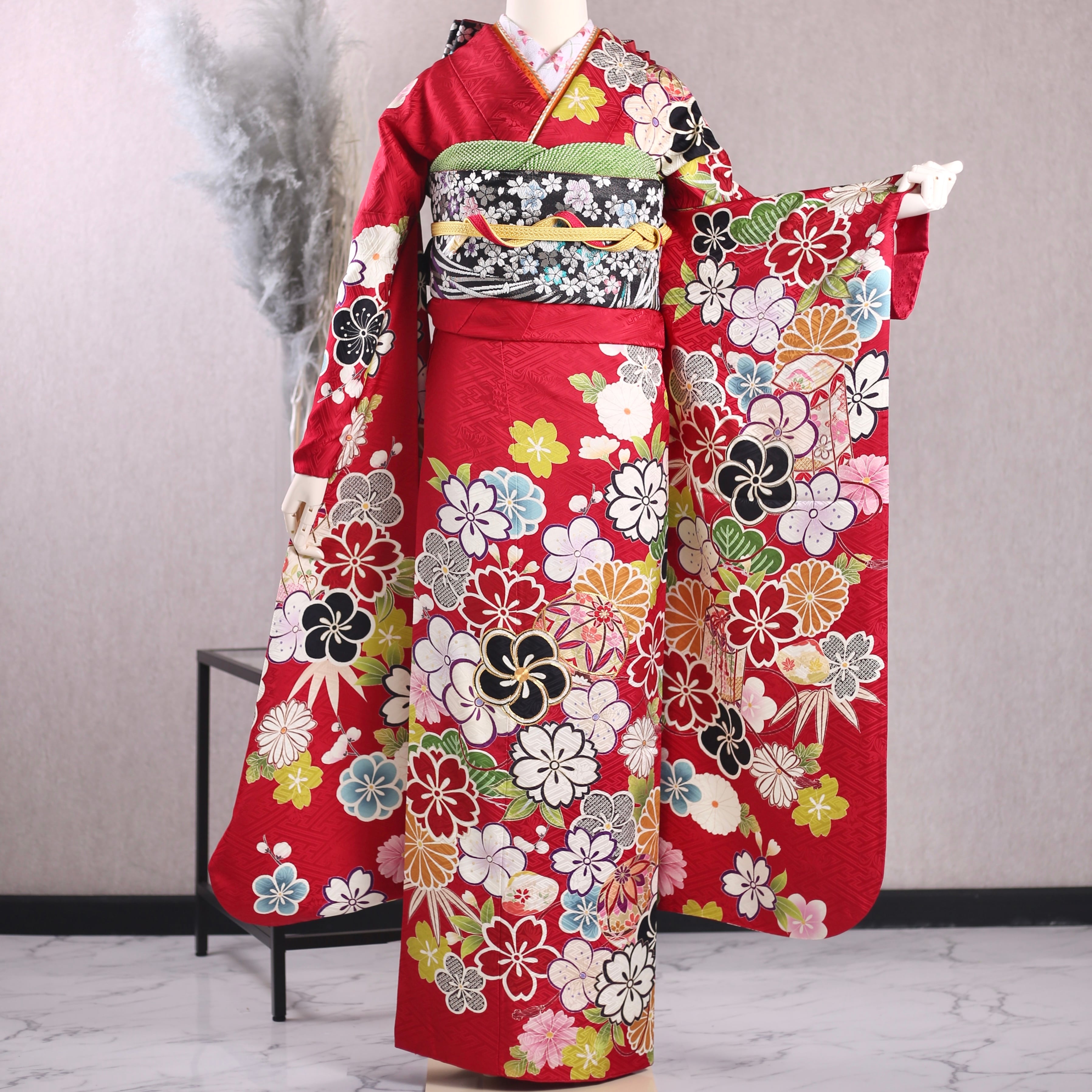 振袖フルセット 振袖セット 振袖 Lサイズ 赤×新古典 美品 成人式 着物