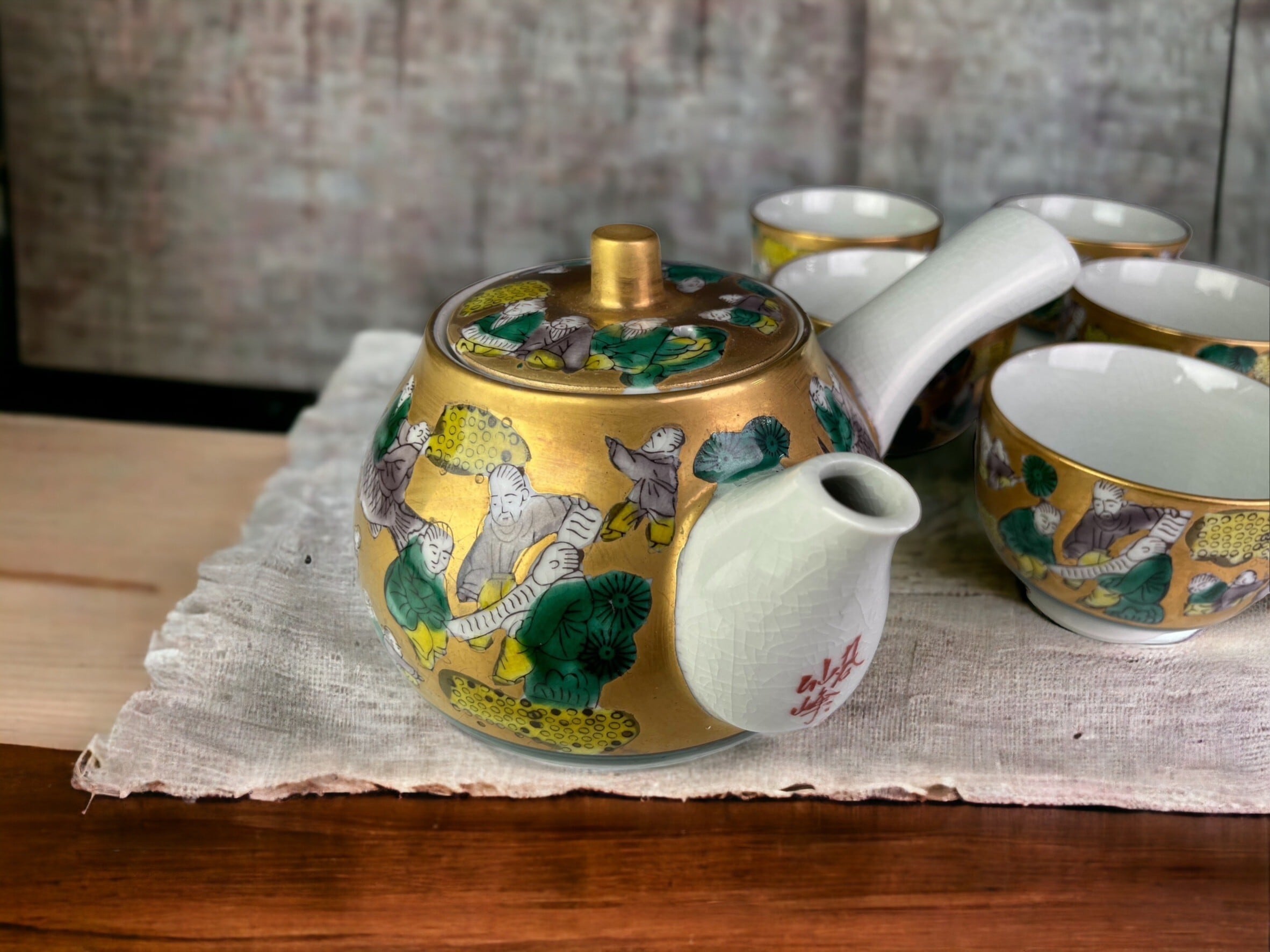 古い 九谷焼 色絵 青手 角福 煎茶器揃 横手急須 湯冷し 茶碗