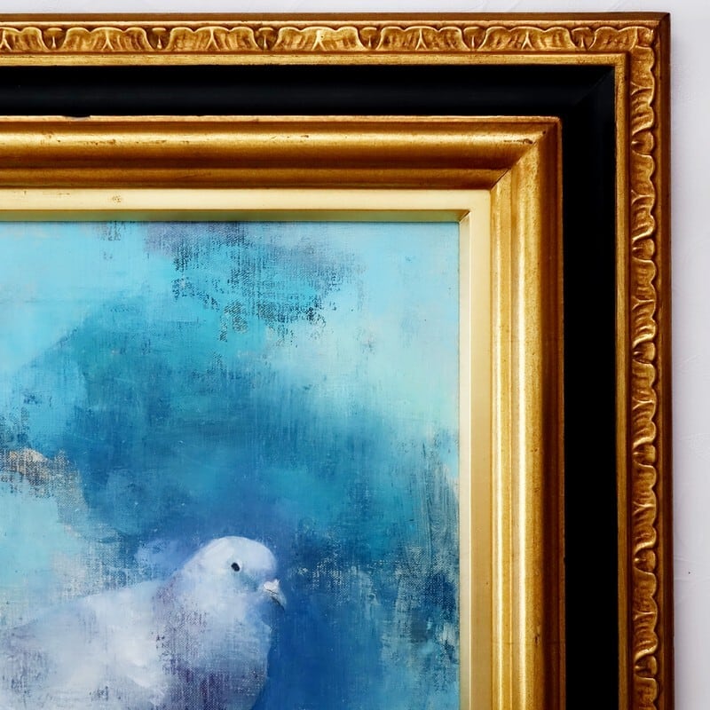 五百住乙人「インコ」キャンバスに油彩画 油絵 F3 直筆サイン入り 額縁