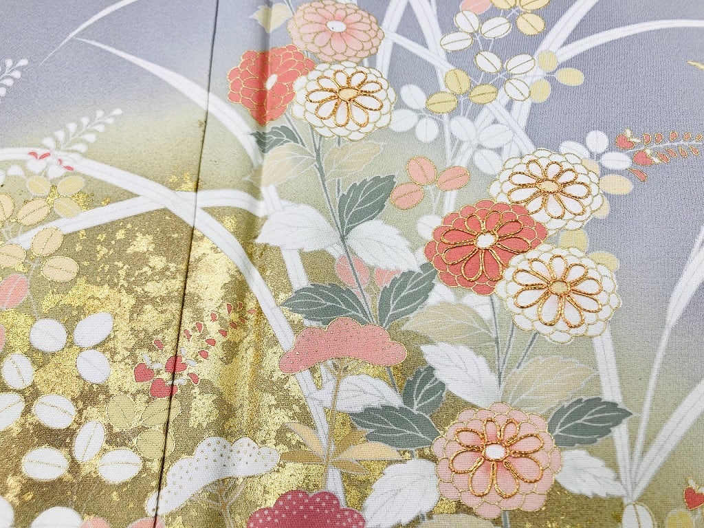 未使用 京友禅 金駒刺繍 本金箔 花柄 訪問着 袷 正絹 グレー 紫 1173