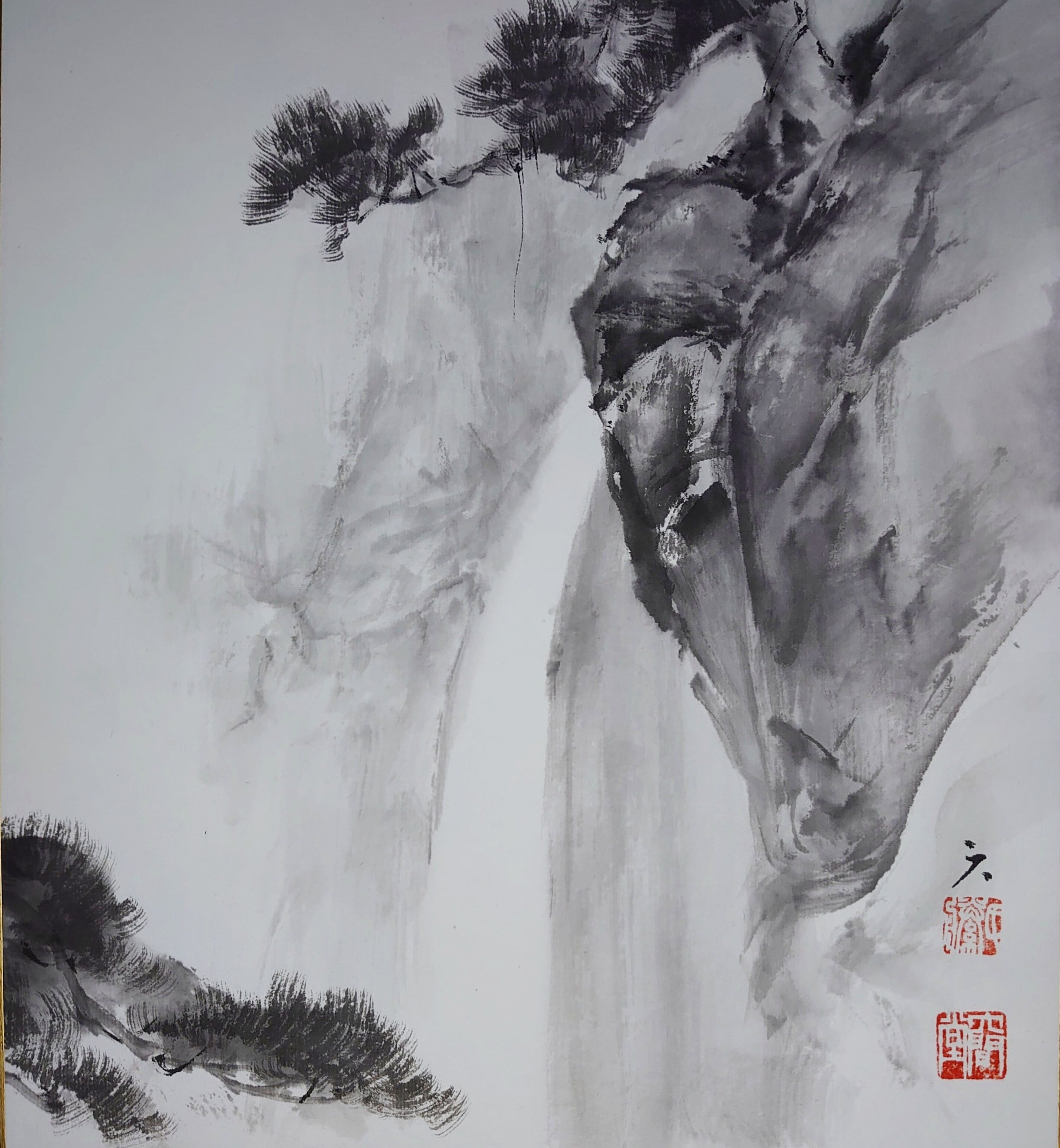 水墨画 滝と森林 木製フレーム付き 水墨画 滝と森林 木製フレーム付き