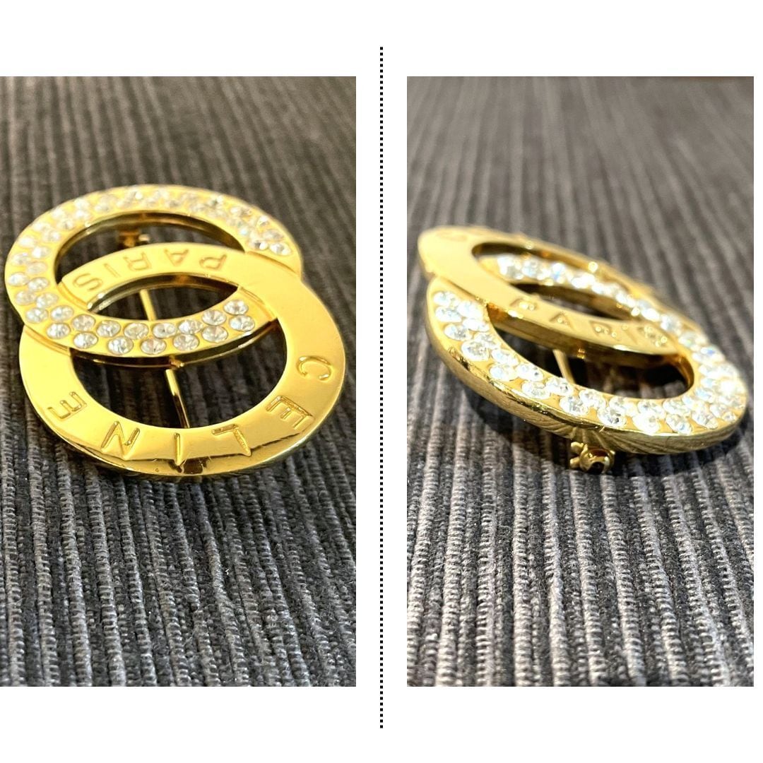 CELINE セリーヌ ブローチ Wサークル CELINEロゴ ラインストーン