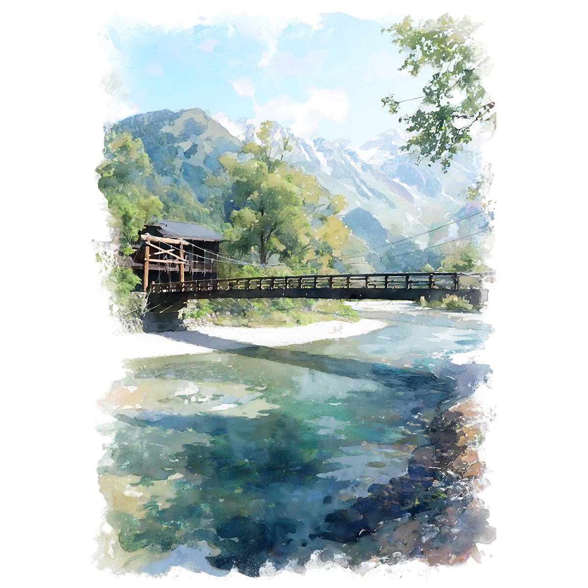 絵画 風景画 日本 長野県 上高地 河童橋 インテリアアート額付き