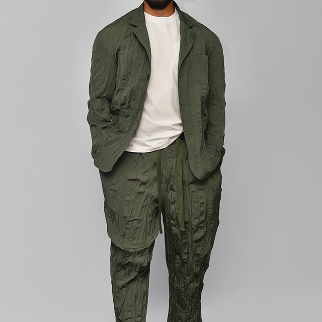 予約販売】メンズ セットアップ スーツ カーキ グリーン しわ加工 男前