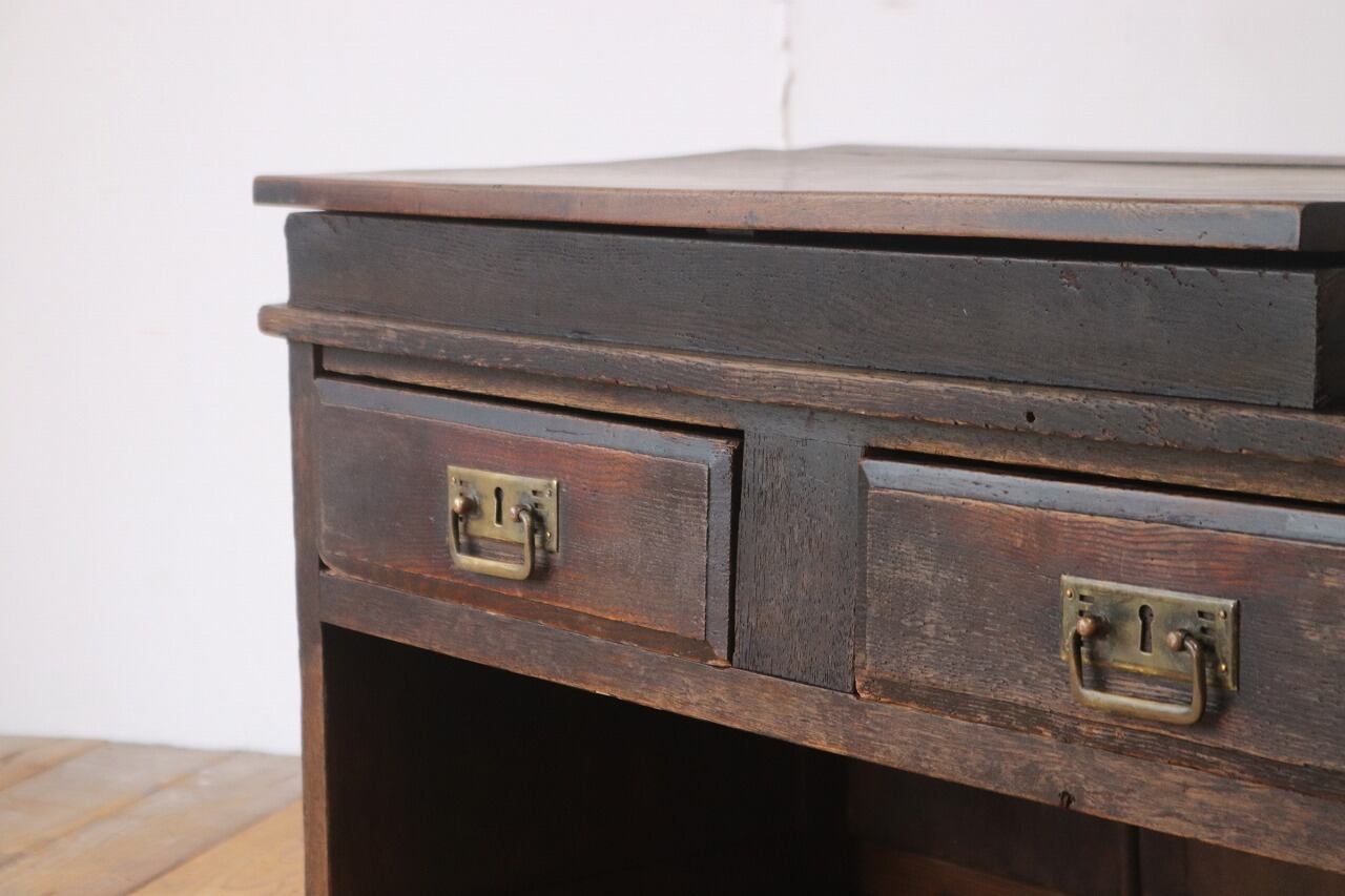 レトロ 文机 ローテーブル 座卓 帳場机 跳ね上げ天板 無垢材 引き出し