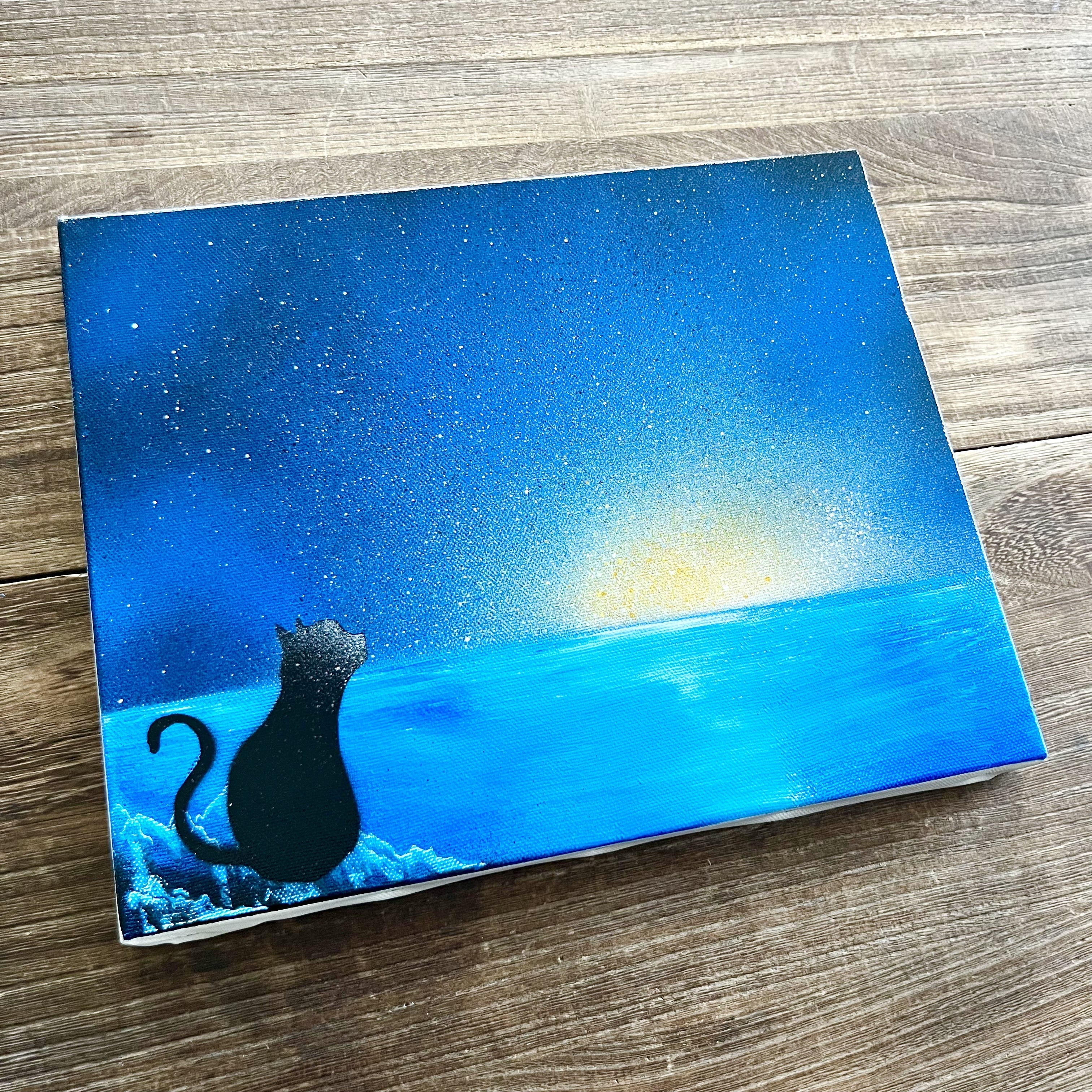 良い予感」 原画 朝焼け×海×黒猫 青 絵画 キャンバス 風景画 スプレー