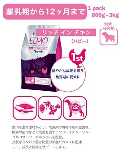 ELMO 子犬用ドッグフード リッチインチキン 800g（3袋） 3kg（1袋