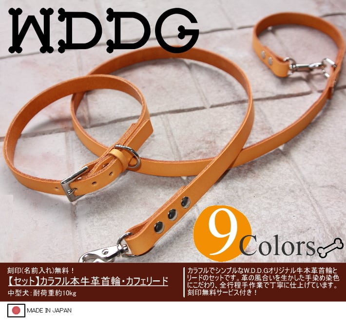 首輪+リードセット】名前入り カラフル牛本革カフェリード&首輪セット+