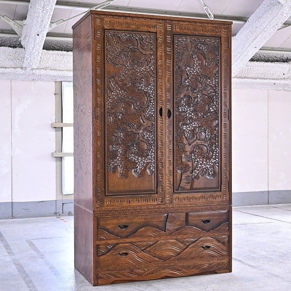 伝統工芸 軽井沢彫り ワードローブ 箪笥 洋服掛け 収納 桜彫刻 手彫り