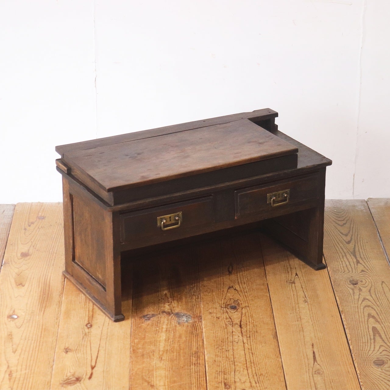 レトロ 文机 ローテーブル 座卓 帳場机 跳ね上げ天板 無垢材 引き出し
