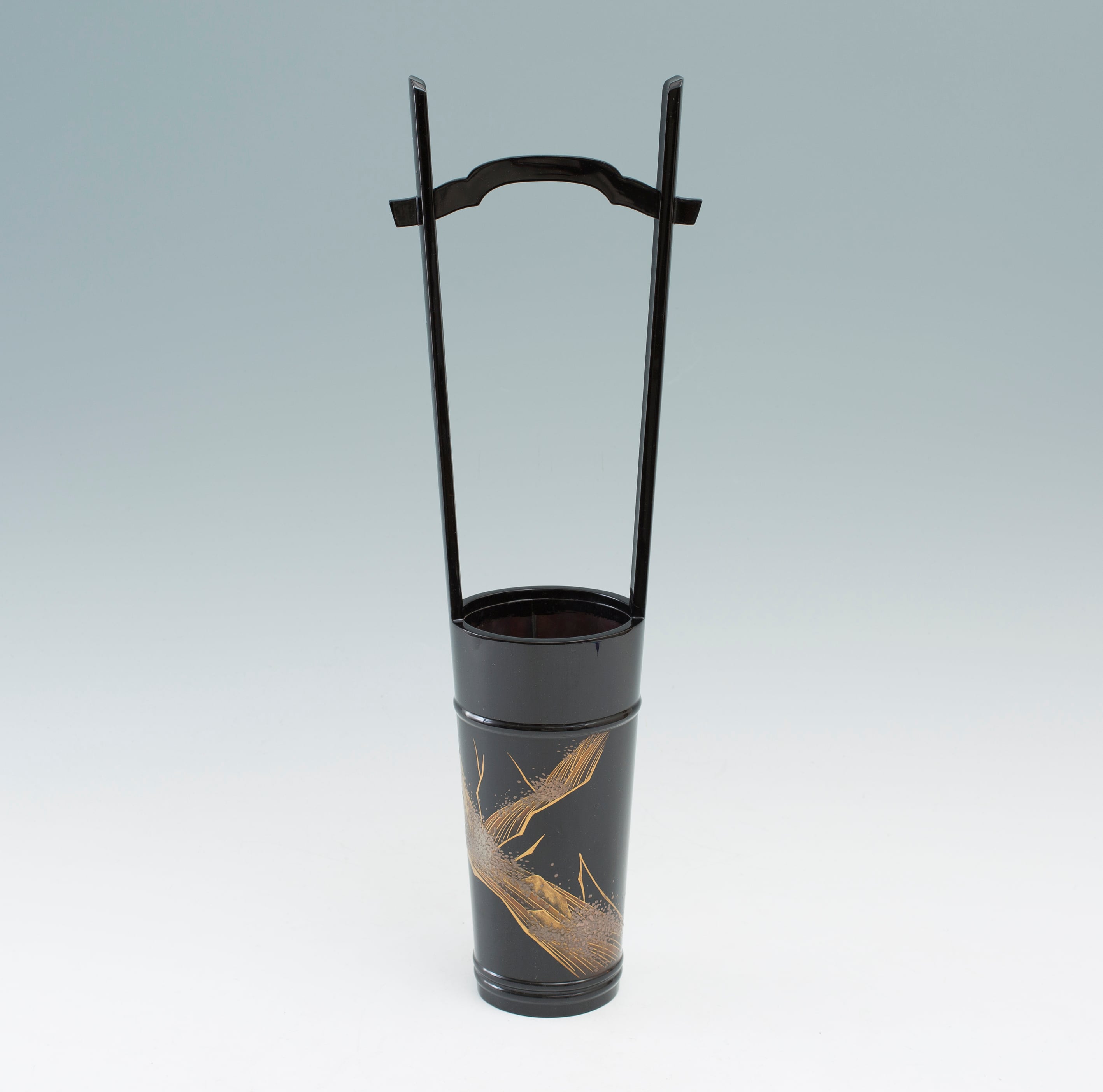 浜高悦朗 輪島塗 細流之図蒔絵 手桶形 持ち手付 花器 花瓶 花生 花入