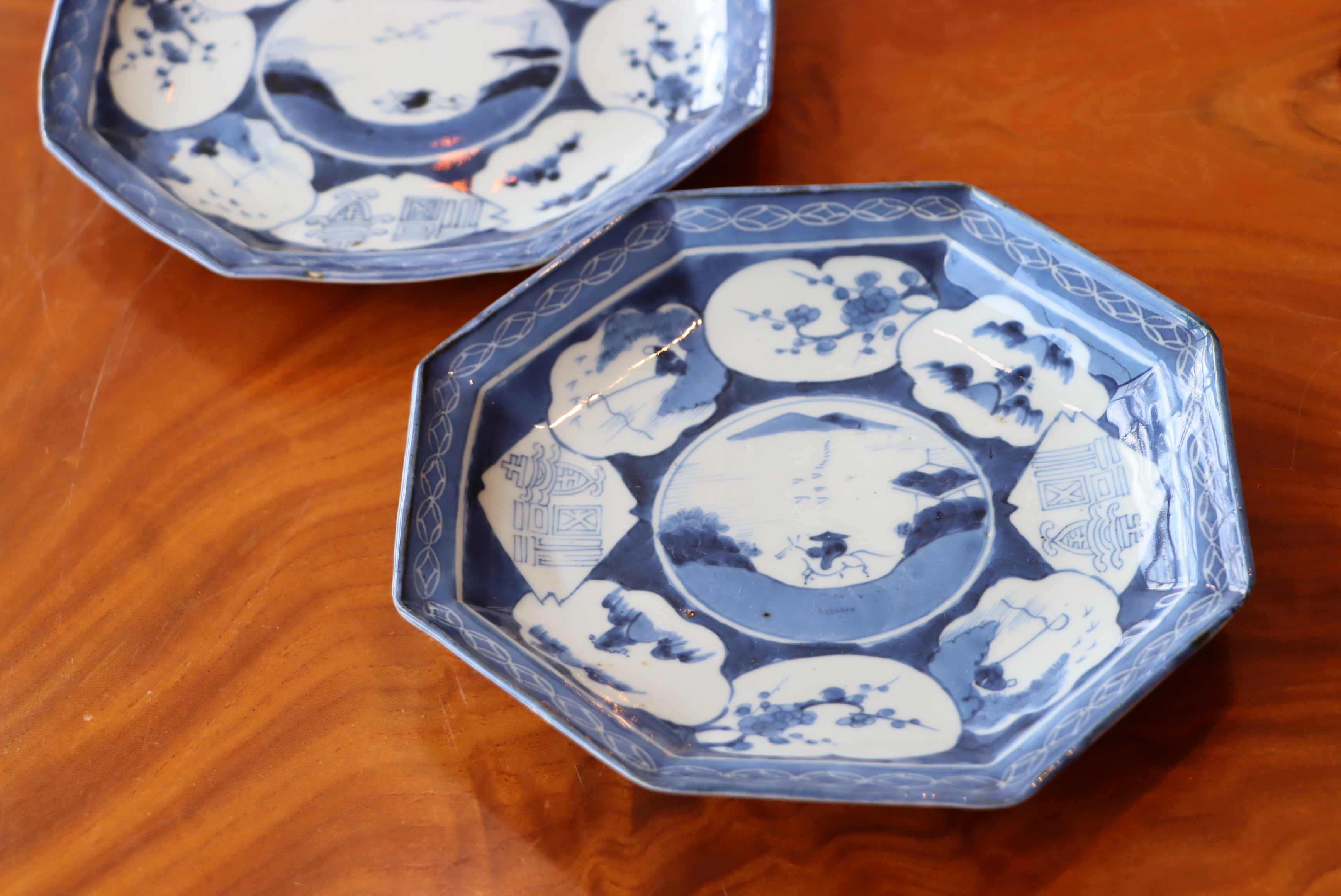 皿 5枚 中皿 染付 線描 染付 銘あり 山水 柳 家屋 古伊万里 江戸 古
