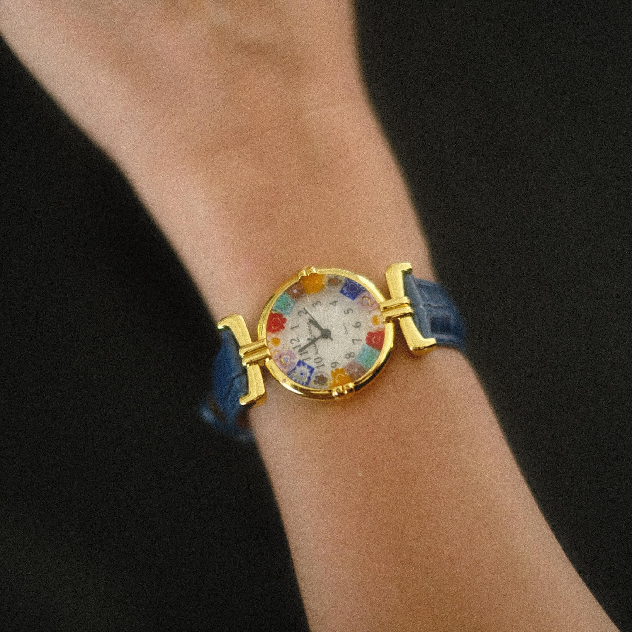Murano Millefiori Watch With Leather Band - Navy | flemington