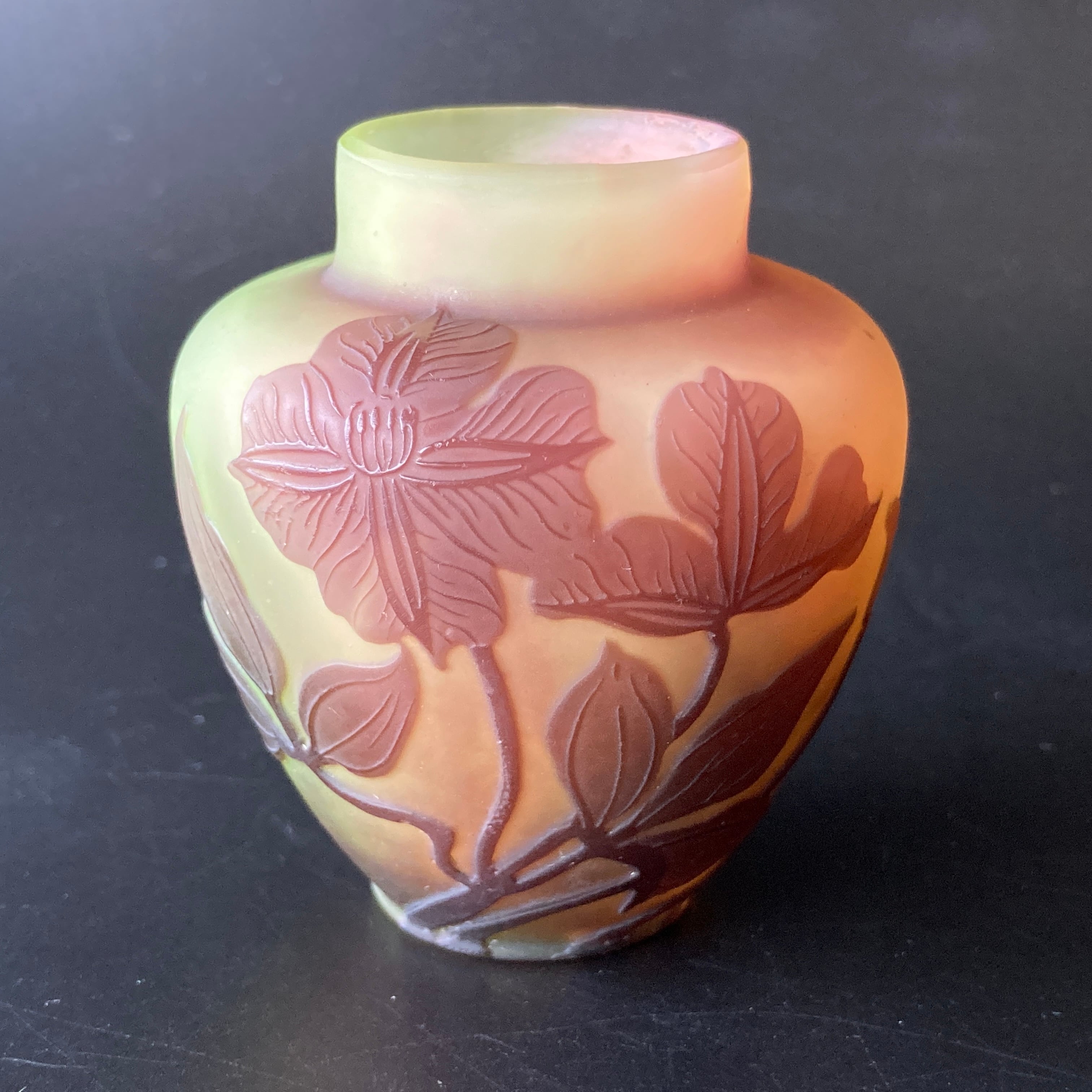 エミール ガレ クレマチス文花器 茶入 小壺 花瓶 多色多層被せガラス