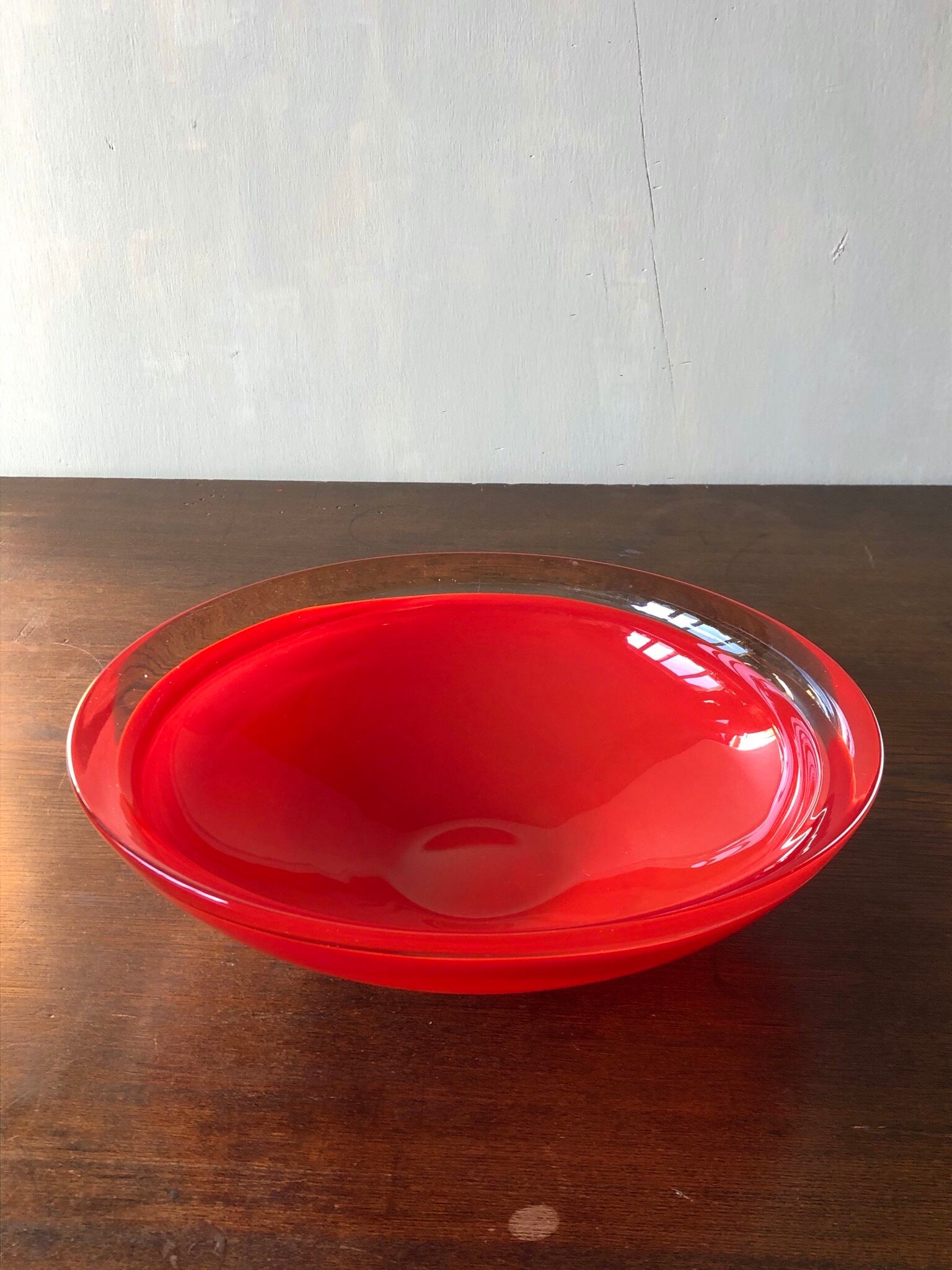 Y2680-1 時代レトロ 赤縁ガラス 大型コンポート 皿 サイン入り Y2680-1