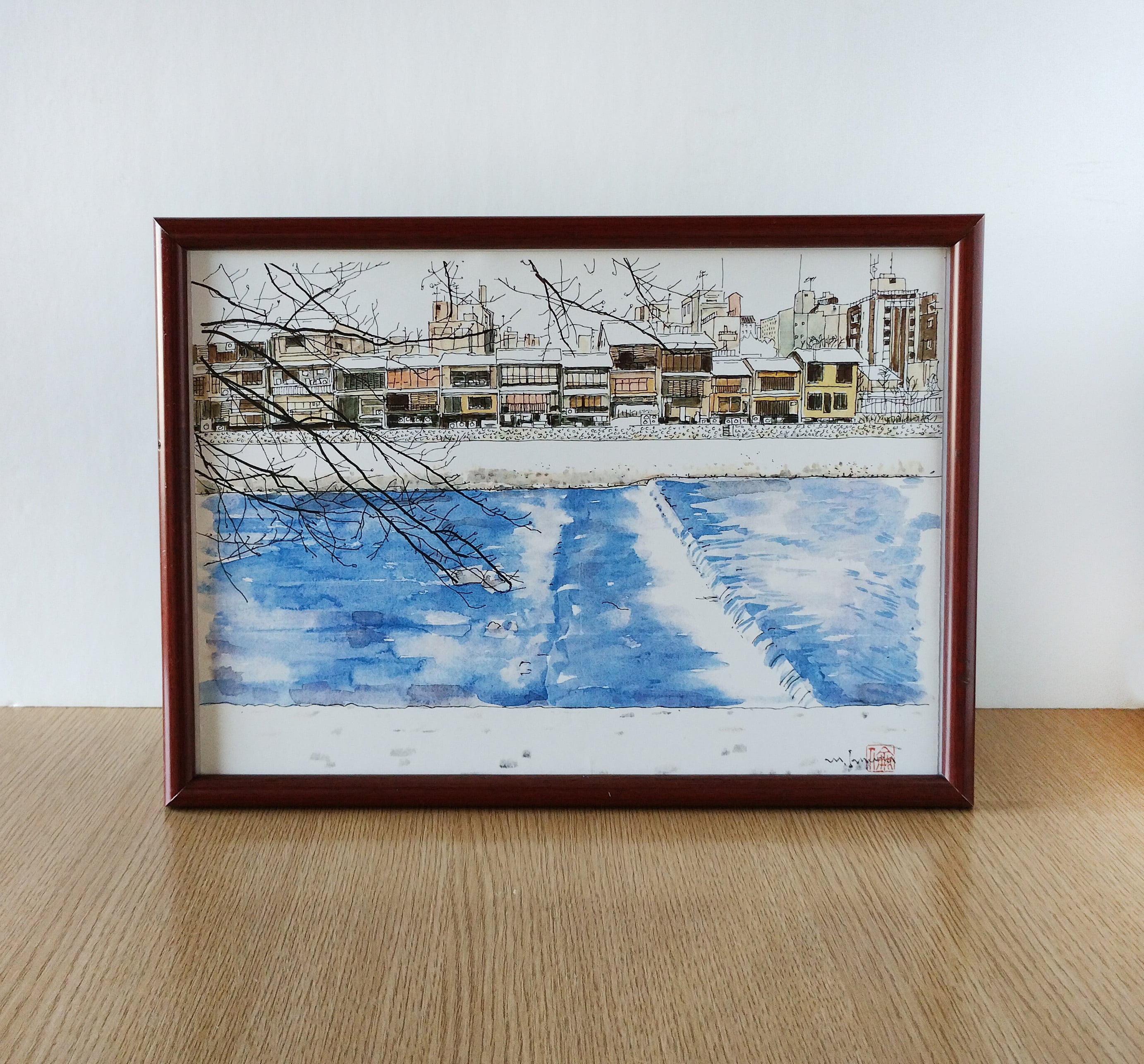 A4サイズ「 京都 雪の鴨川」 京の水彩画工房 | 京の水彩画工房 みちや