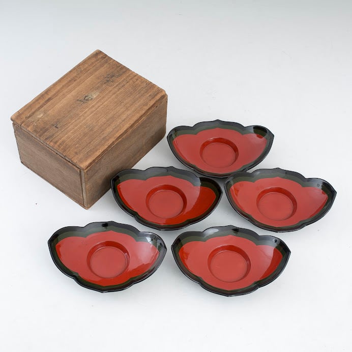 未使用 茶道具 平安堂造 網雲錦 小吸物椀 5客組 木製漆器 宮内庁御用達