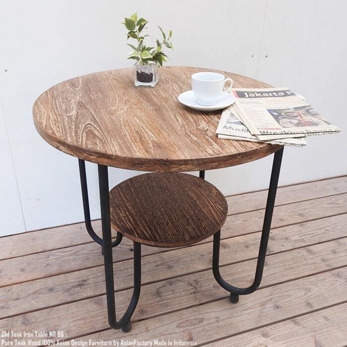 オールドチークアイアンテーブル 65NR チーク材天板 円卓 カフェ
