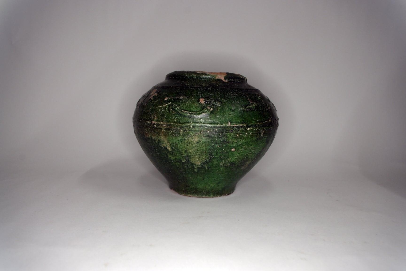 緑釉壷 蓋付 双耳壷 獣高盛文様 中国・FK】◇古董 鑑賞陶磁器