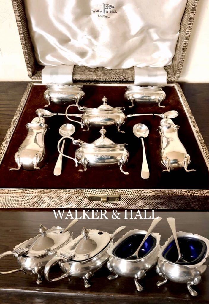 英国アンティーク シルバーマスタード&ソルト ポット/セラー/クロウ