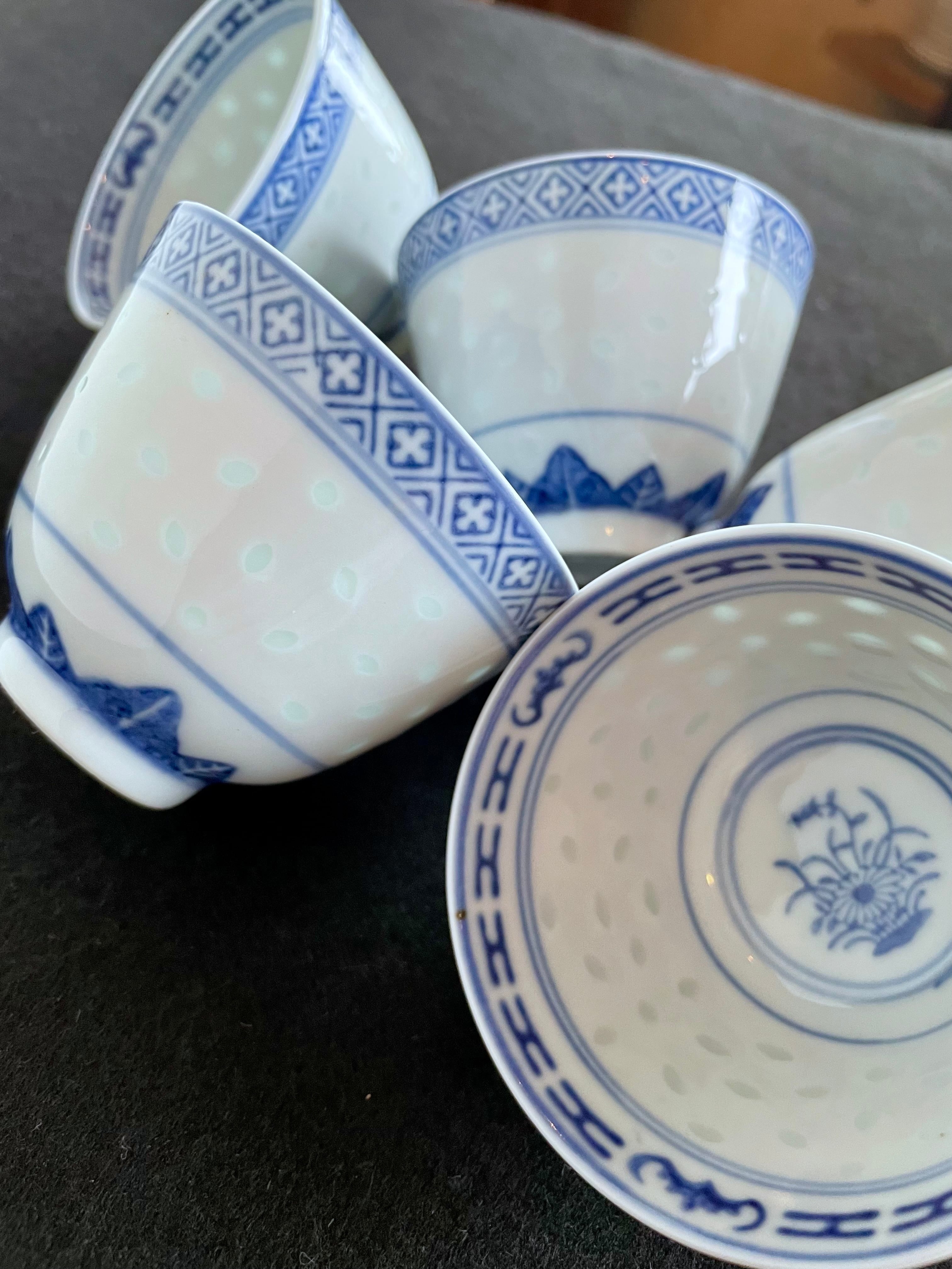 China Vintage 景徳鎮 中国 茶器 青花 玲瓏 湯呑 5客揃 ホタル 蛍焼
