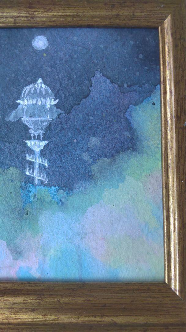 A8【雲の上の王城】ハンドメイド 水彩画 金色フレーム付き 小さめ