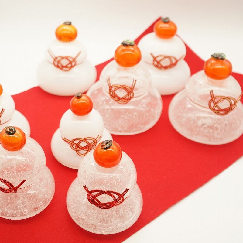 琉球ガラス 鏡餅 赤い紐付き 12cm 鏡餅（小）【琉球ガラス工房 雫