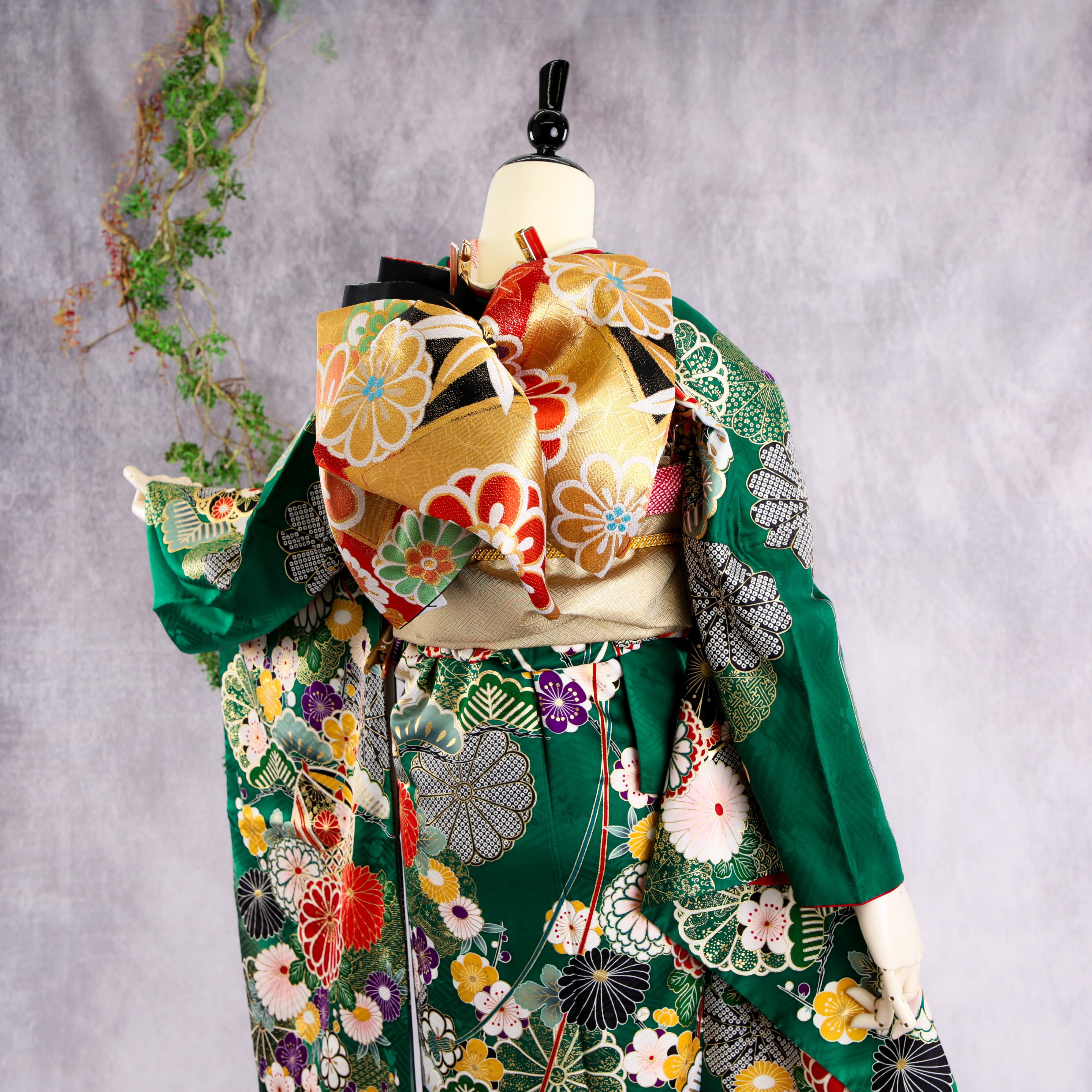 振袖フルセット 振袖セット 振袖 Lサイズ 緑×古典 美品 成人式 着物