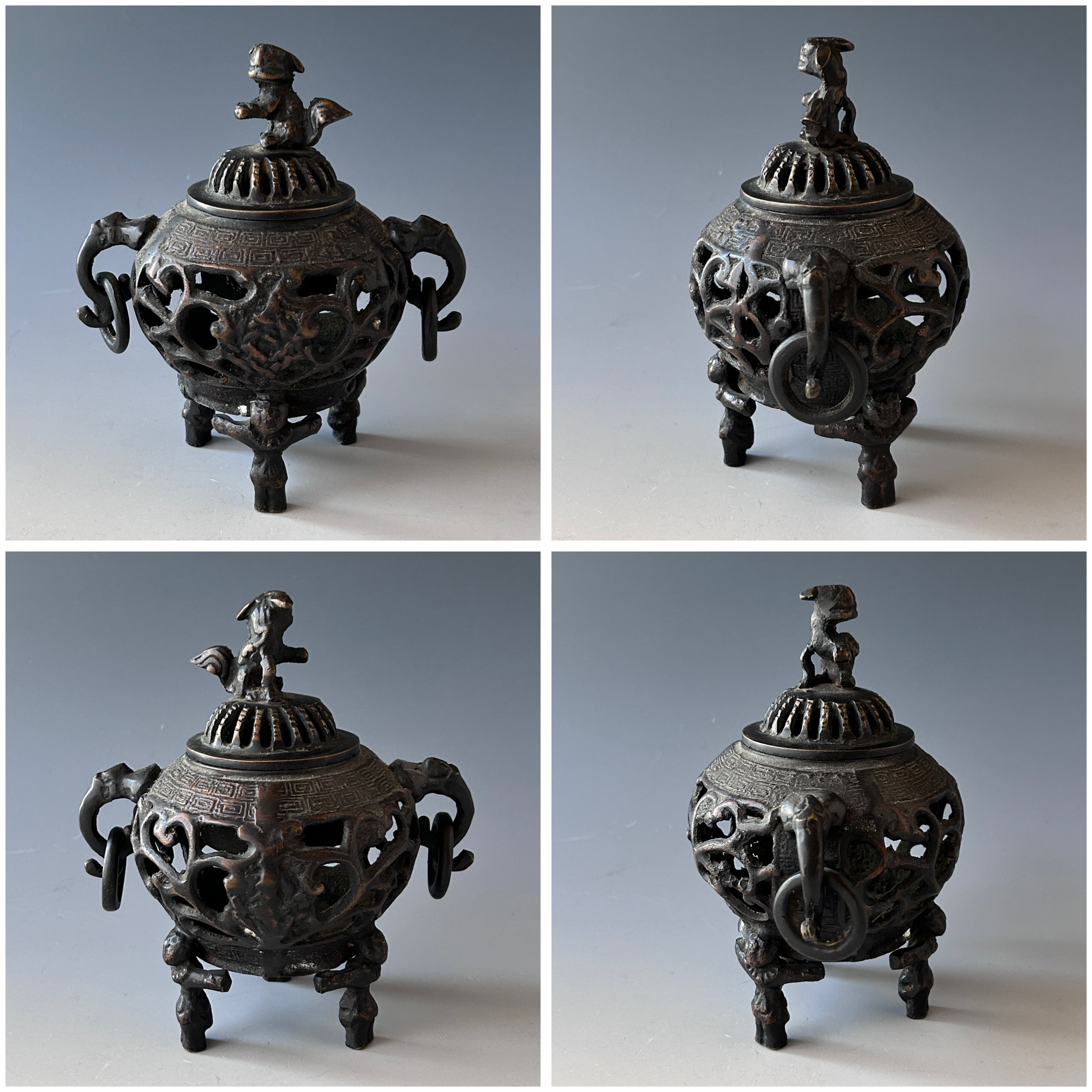 時代物☆ 透かし龍紋様 香炉 古銅 中国古玩