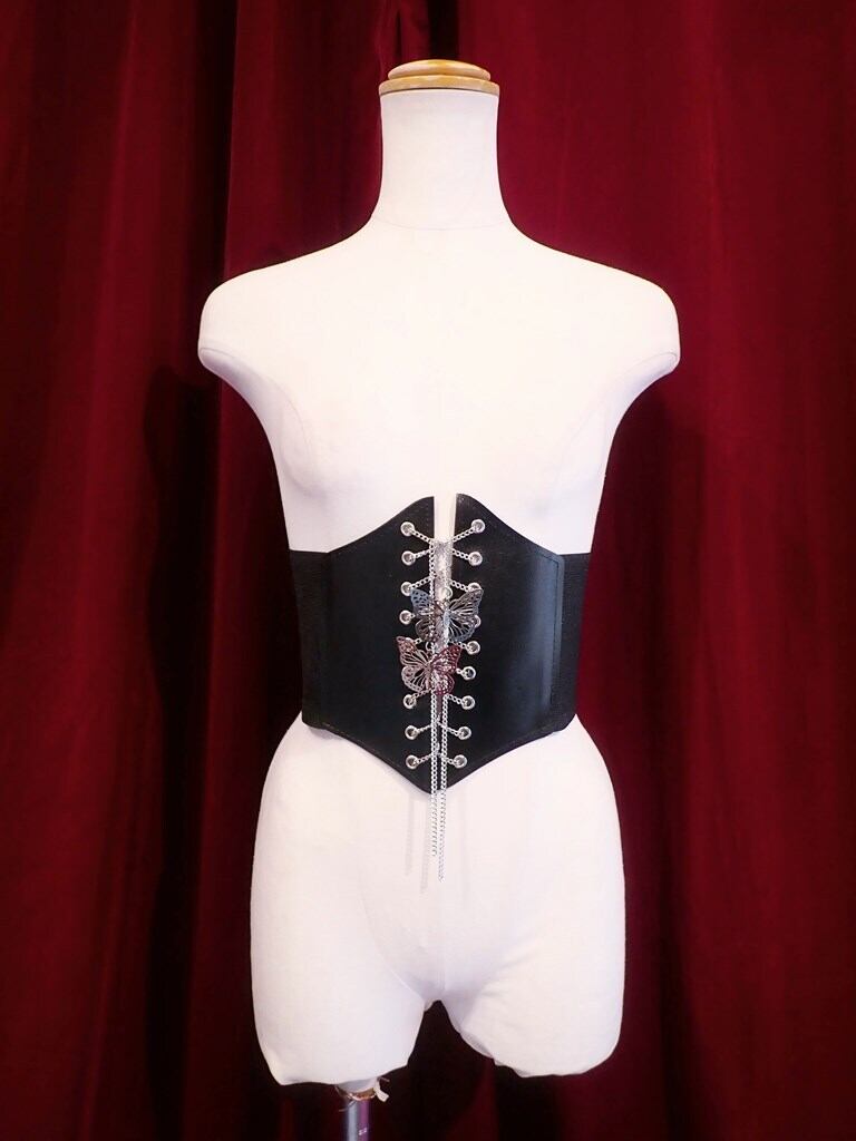 コルセット シルバーチェーン編み上げと蝶々アクセのブラック