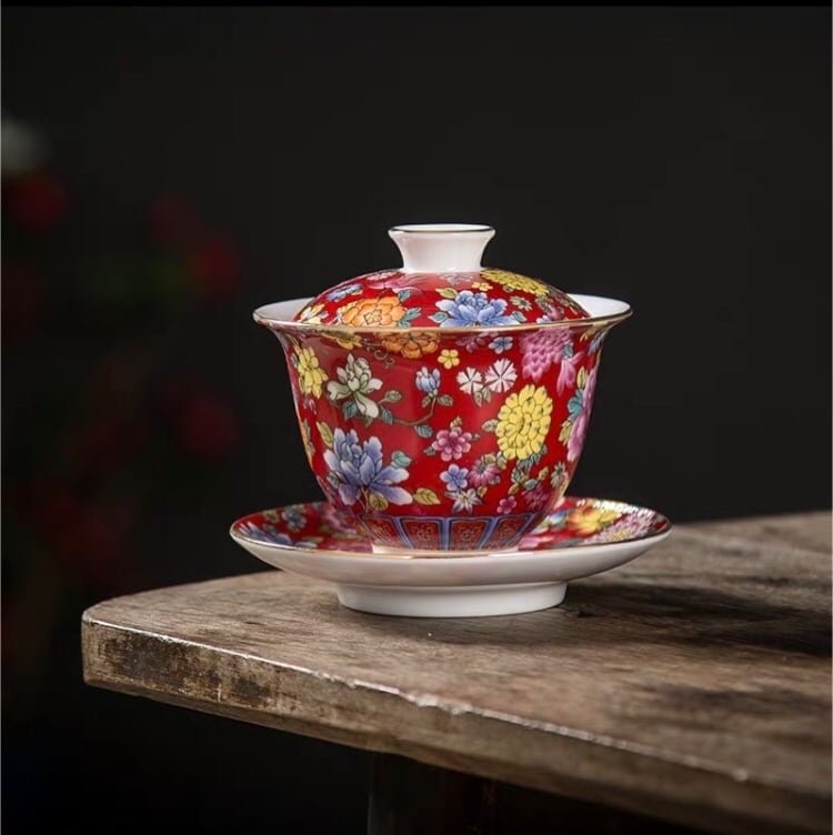 中国 古七宝琺瑯彩 花文 蓋爐 香炉 煎茶碗 3点まとめて V R8616 【公式