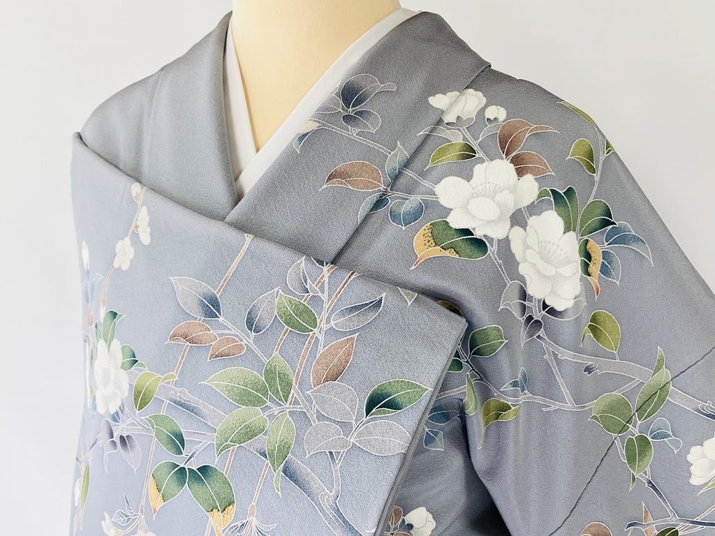 伝統工芸士 華山 友禅染 訪問着 花柄 正絹 ブルーグレー 青 白 892