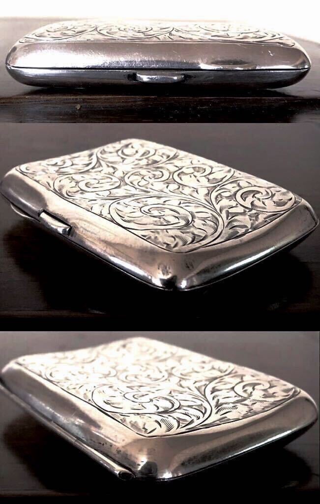 英国アンティーク シガレットケース 喫煙具 両面彫金 唐草模様