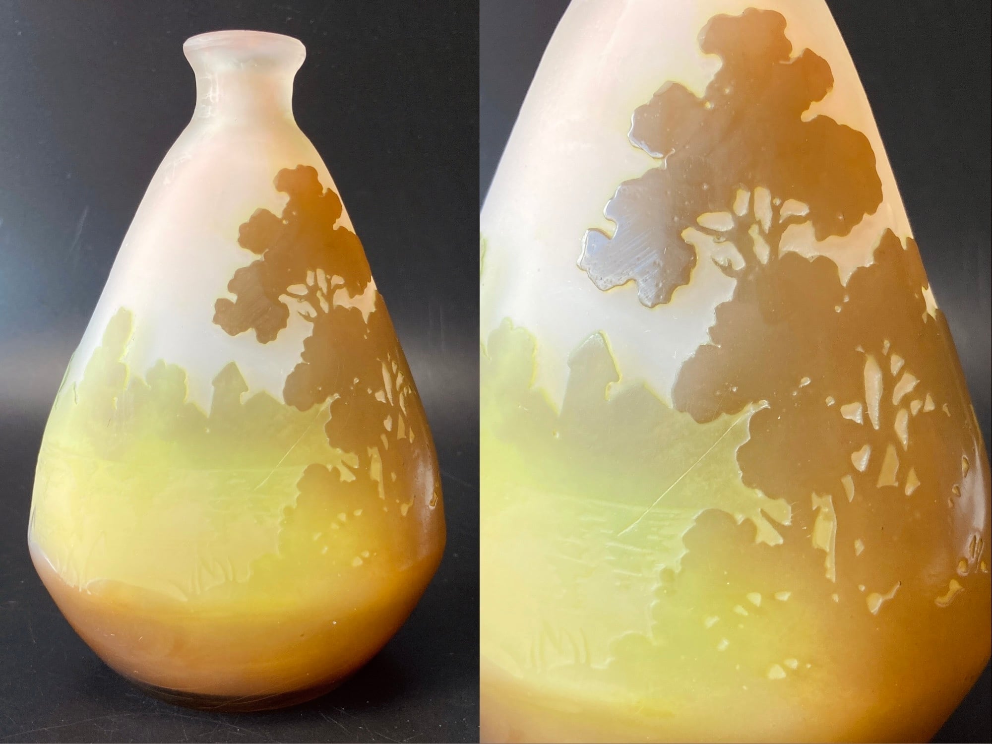 エミール・ガレ 多色多層被せガラス 酸化腐蝕彫 湖水風景文 花瓶 花器