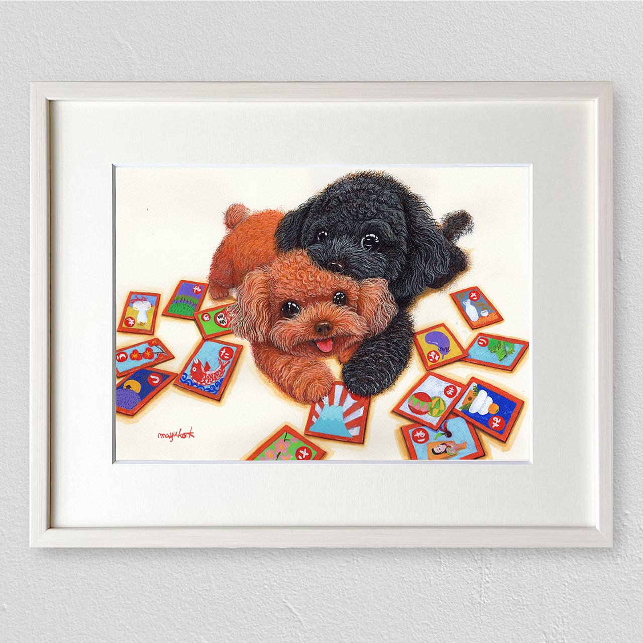 トイプードル】うちの子絵画『初遊び／かるた』イラスト（額・マット
