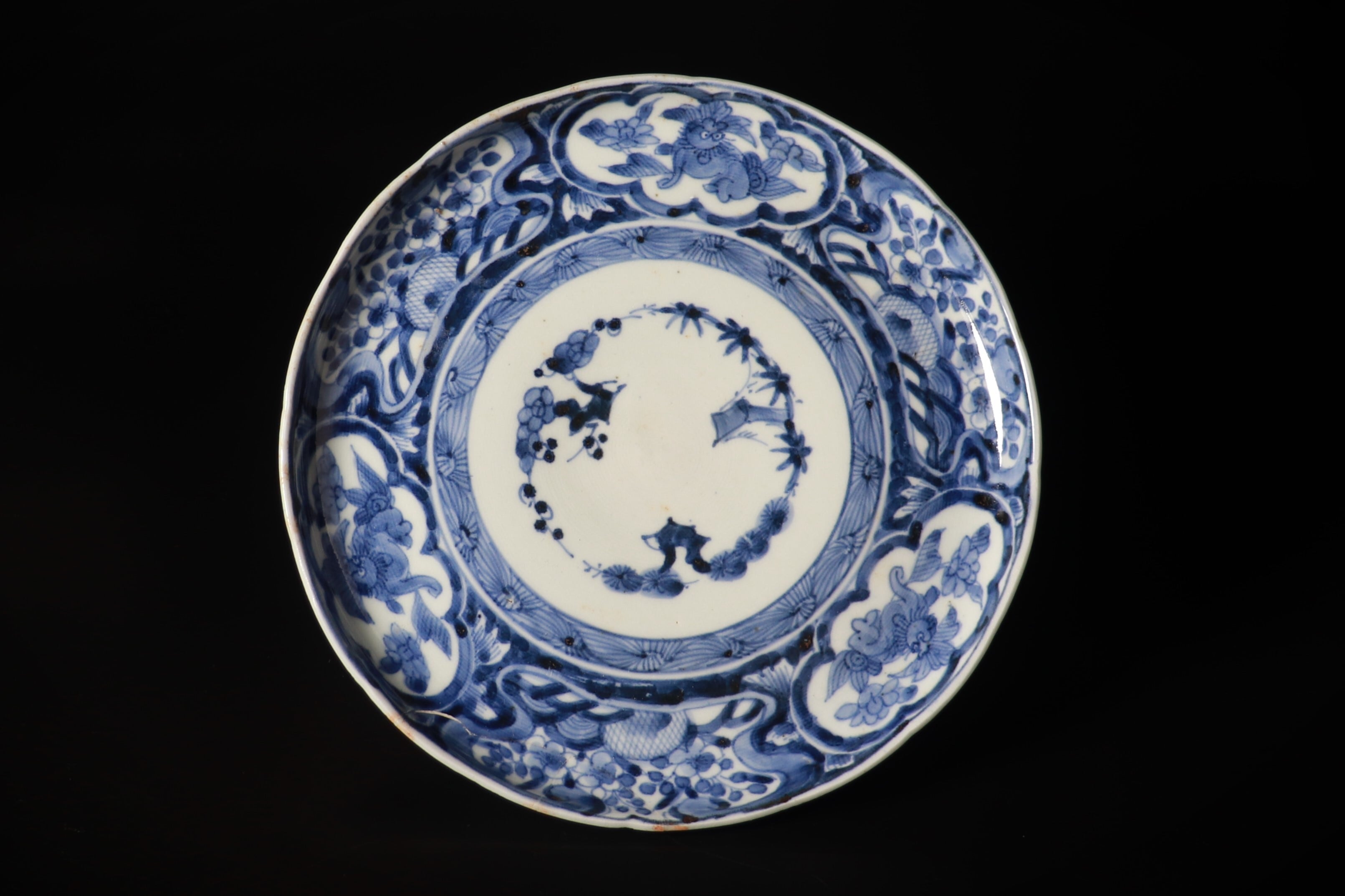 大聖寺伊万里 花に唐獅子 丸紋に金唐草の図 膾皿 5客