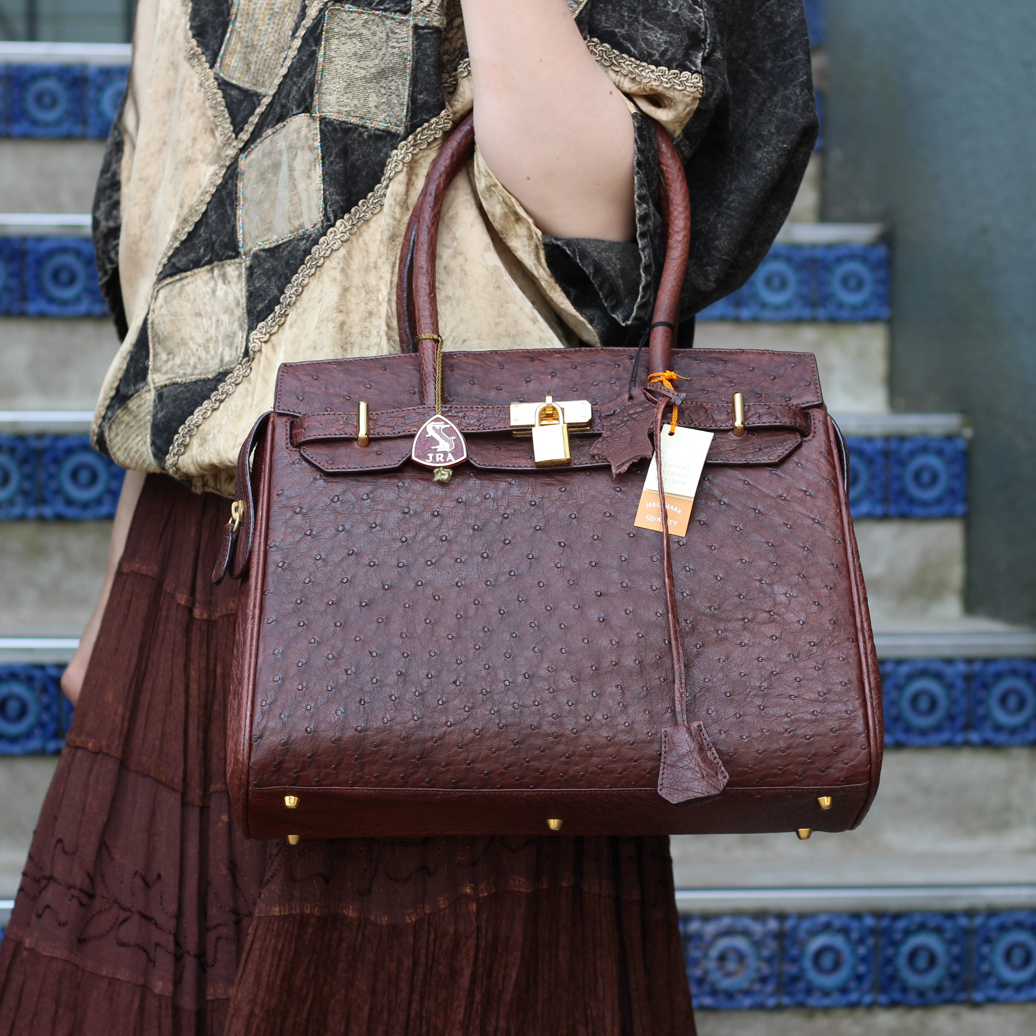 オーストリッチレザー ブラウンハンドバッグ JRAロゴ