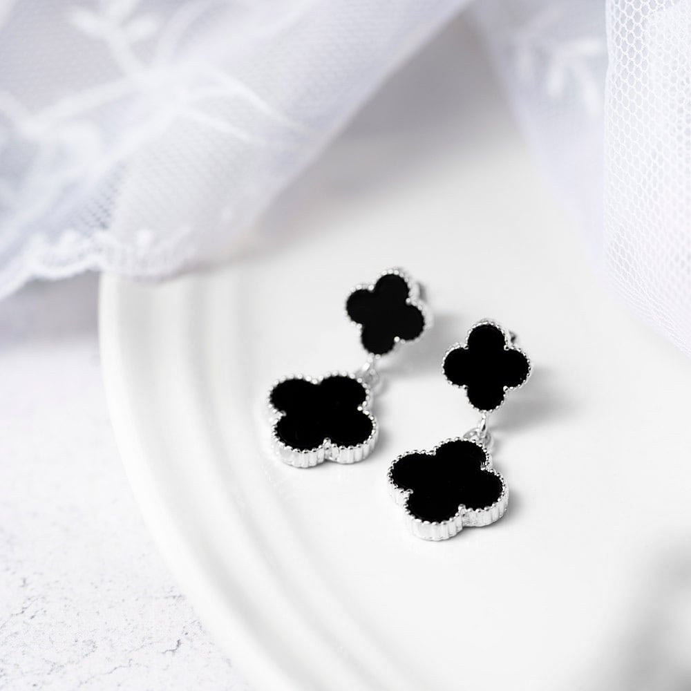 クローバー 2連【シルバー】ピアス イヤリング ブラック オニキス風