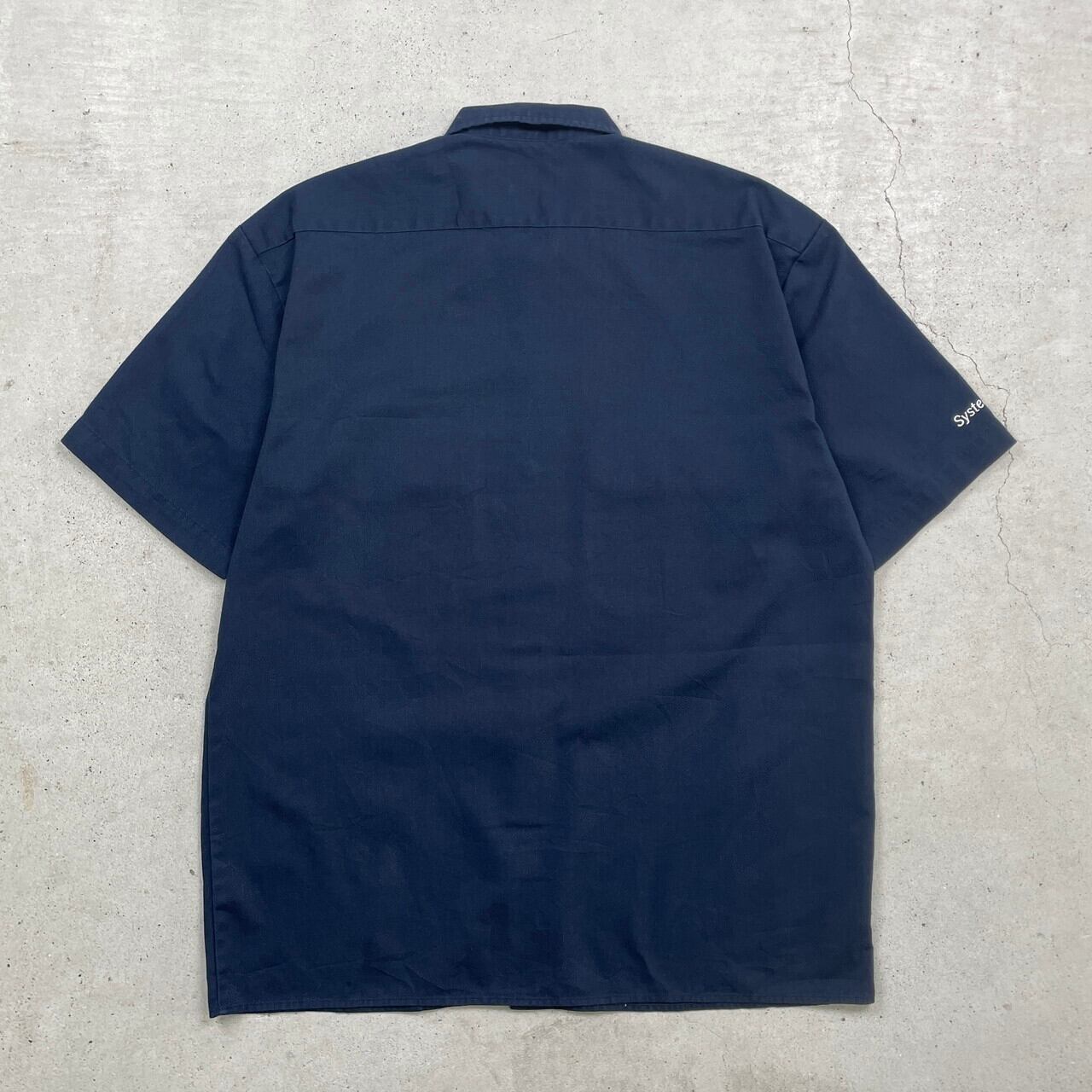 90s SOULFLY Dickies 半袖ワークシャツ XL ネイビー刺繍ロゴ Dickies