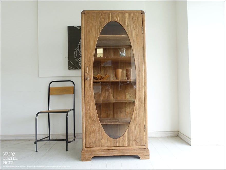 英国アンティークチーク古木キャビネット/木製本棚/食器棚/飾り棚(92