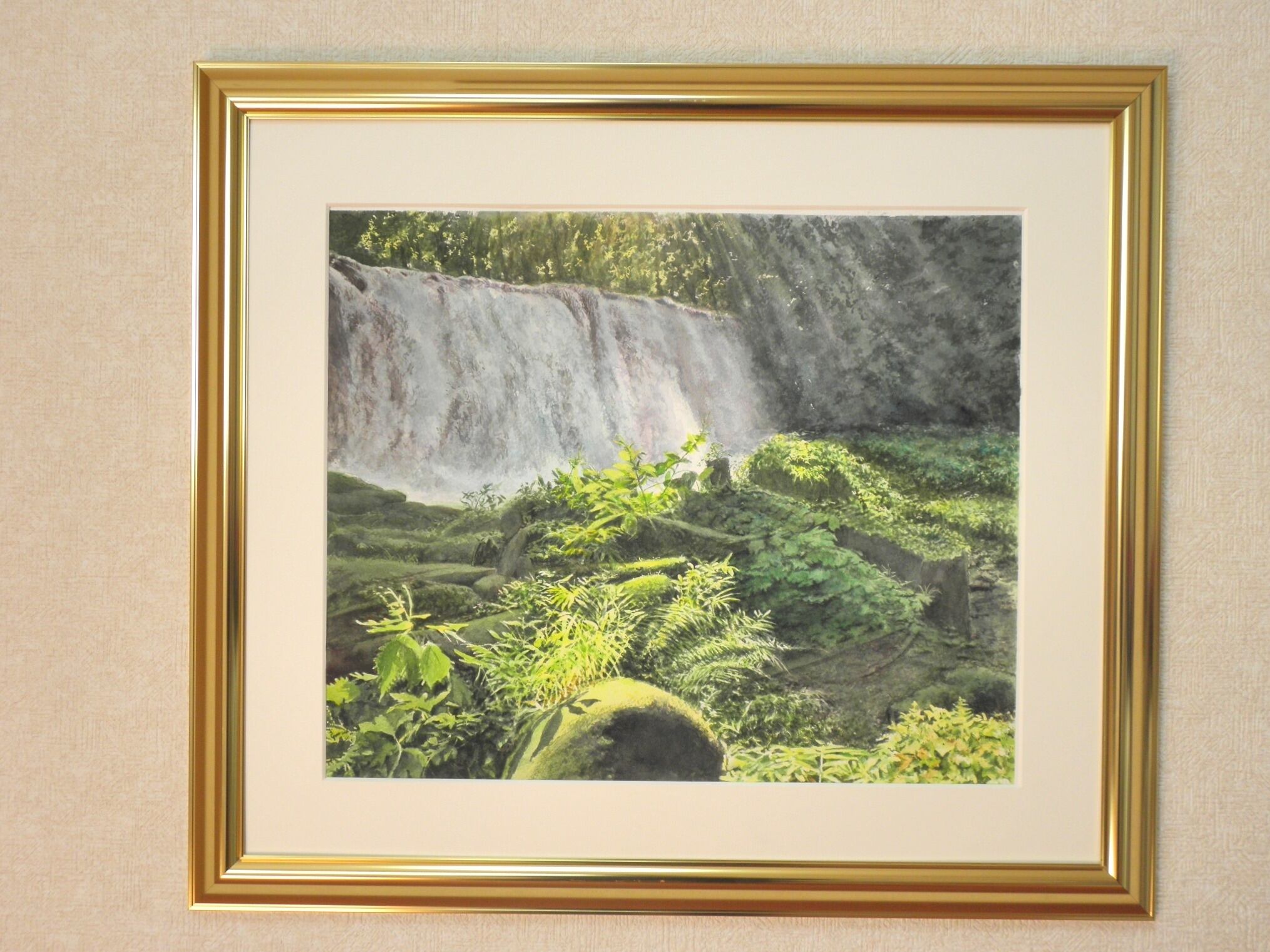 透明水彩画 原画 「白樺の小径」額縁付 F4サイズ 風景画 透明水彩画