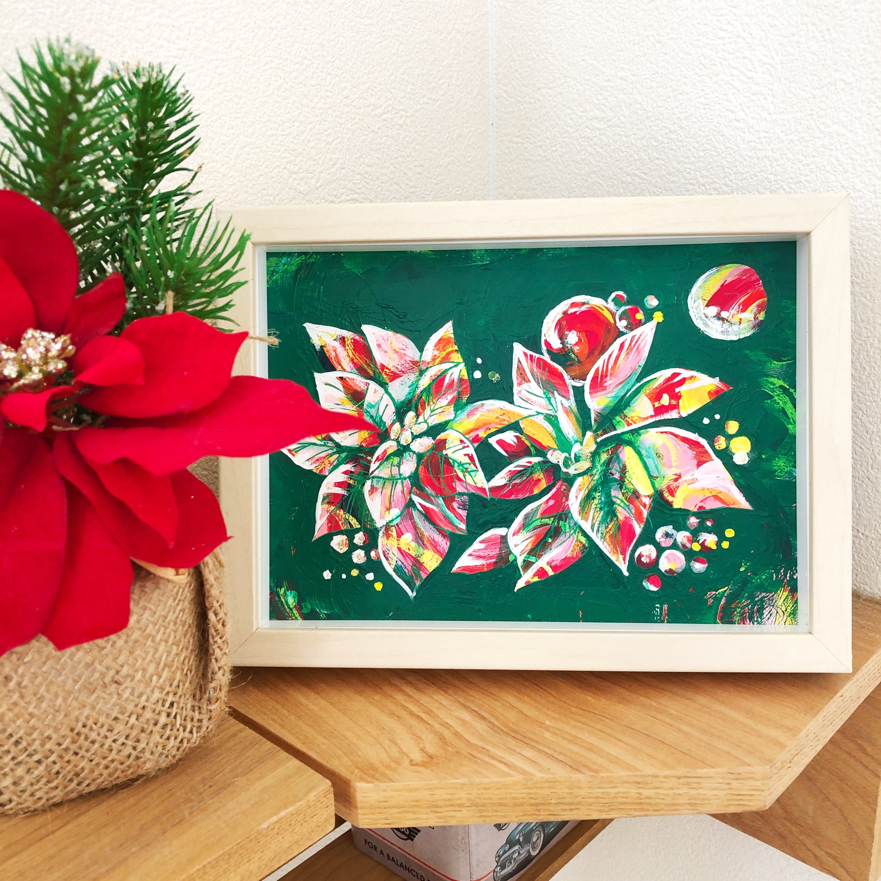 クリスマス絵画「ポインセチア(緑)」フレーム付き | LIVING ART