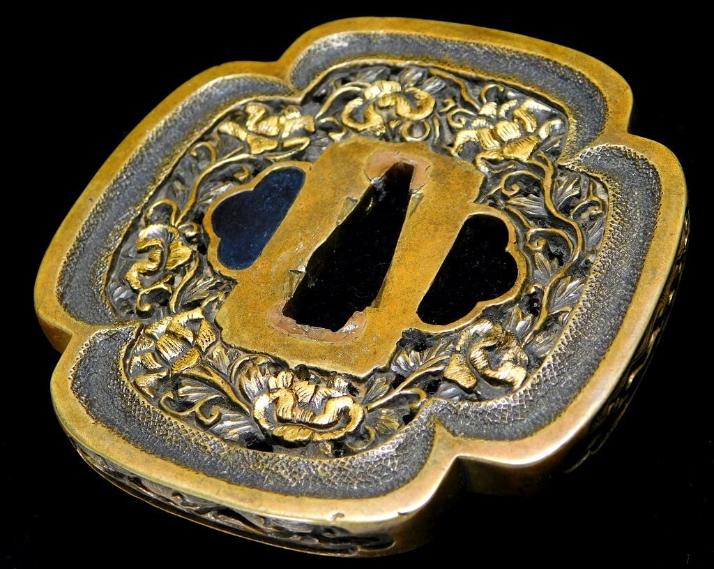 細工唐銅金銀象嵌 蜻蛉・蘭紋鍔 古舫鄧作在銘 刀