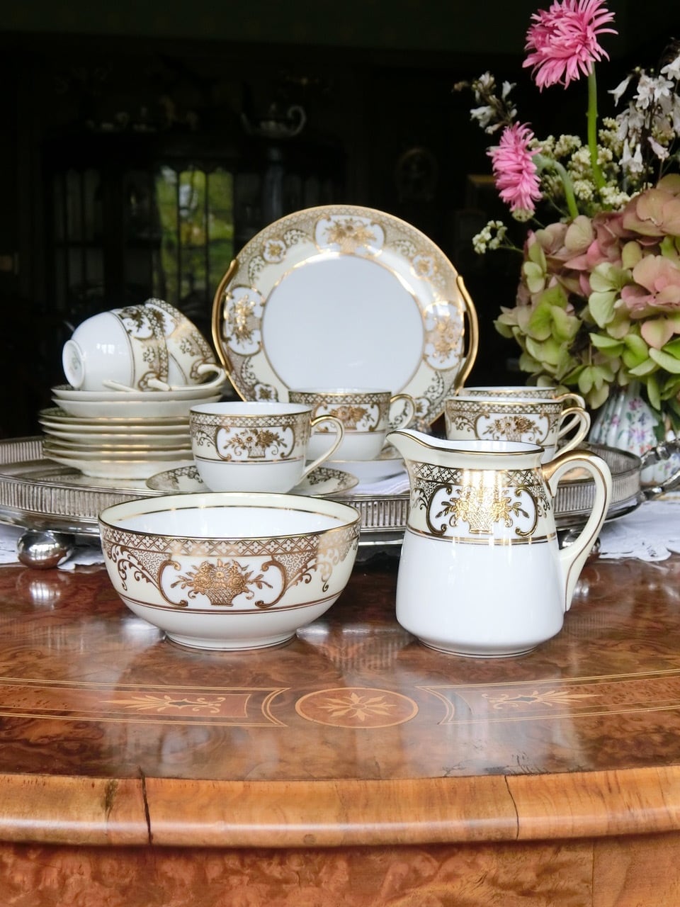 オールドノリタケ 里帰り オクトゴナル 六角 蓋もの3点セット 金盛り