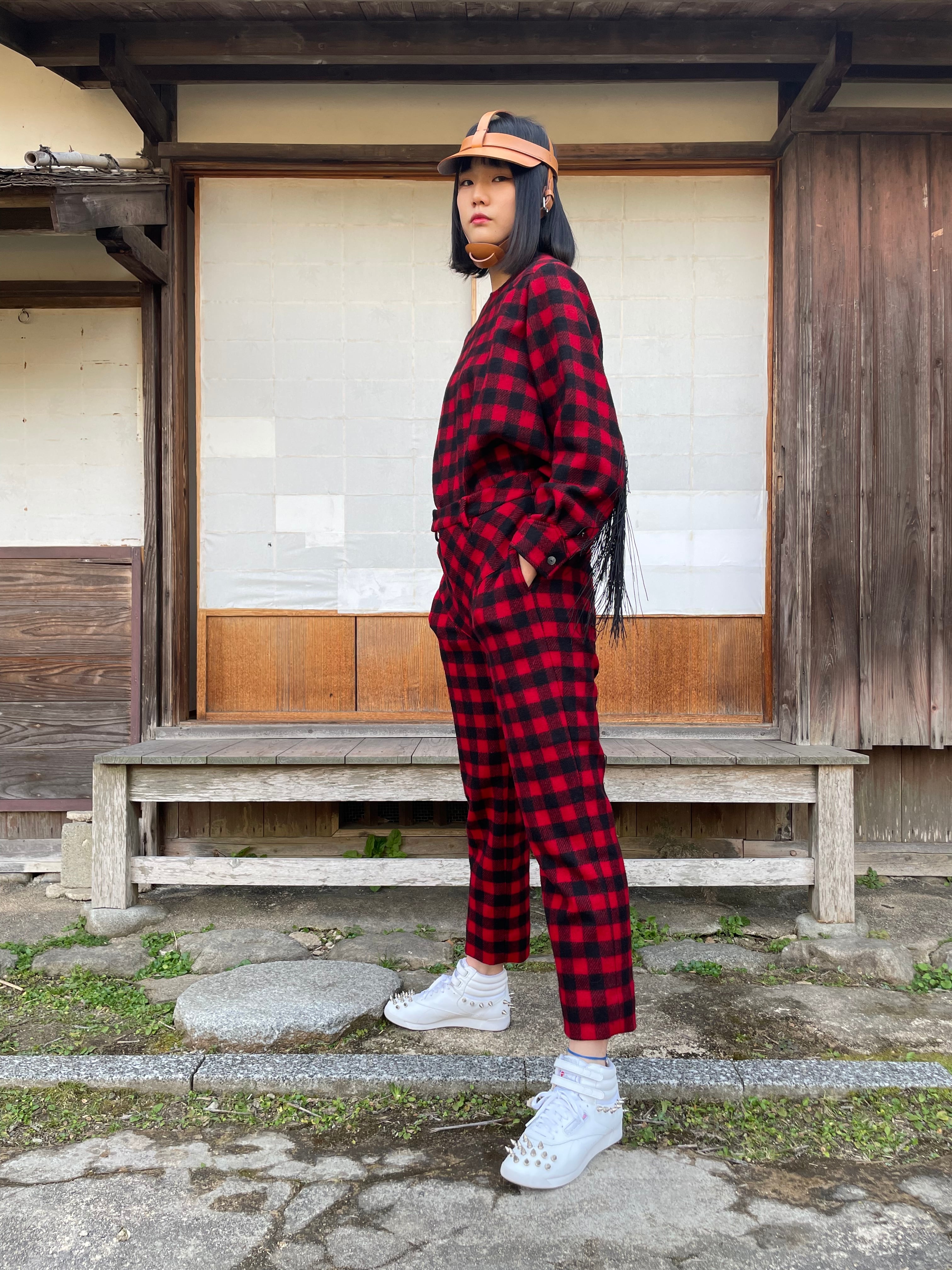 フリンジ赤黒ブロックチェックset up tops | SHEEPMAN WONDER