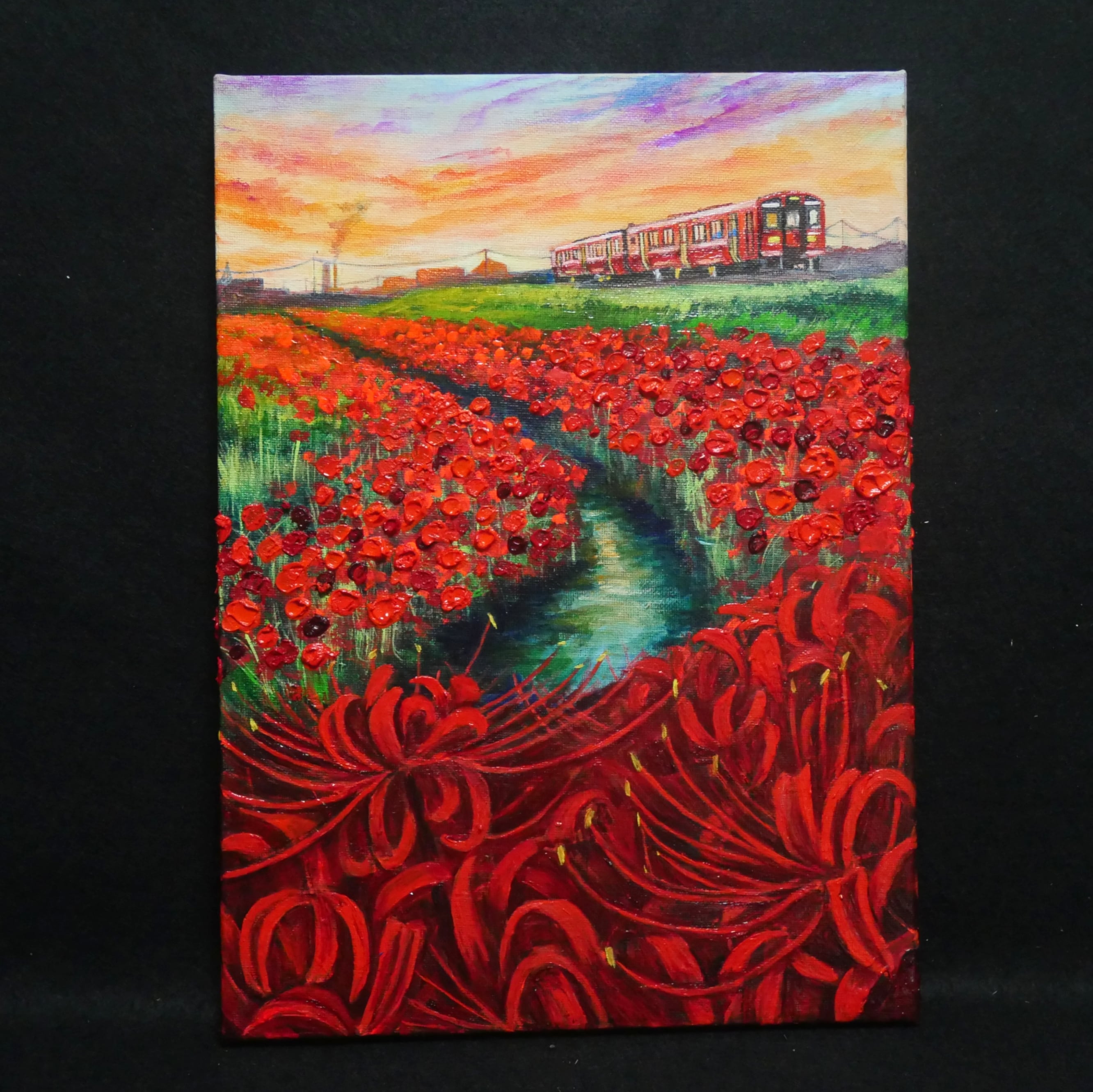 油絵 キャンバス 絵画 アート インテリア 紅葉 電車｜油絵 キャンバス